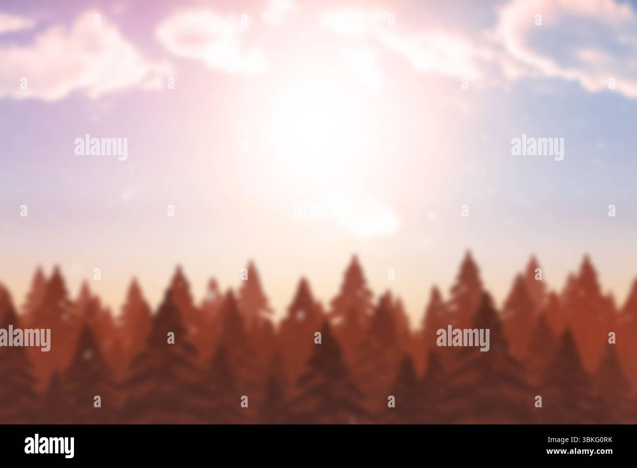 Il profilo del pino sagomato forma un bordo scuro sotto un leggero bagliore di sole e un design piatto Foto Stock