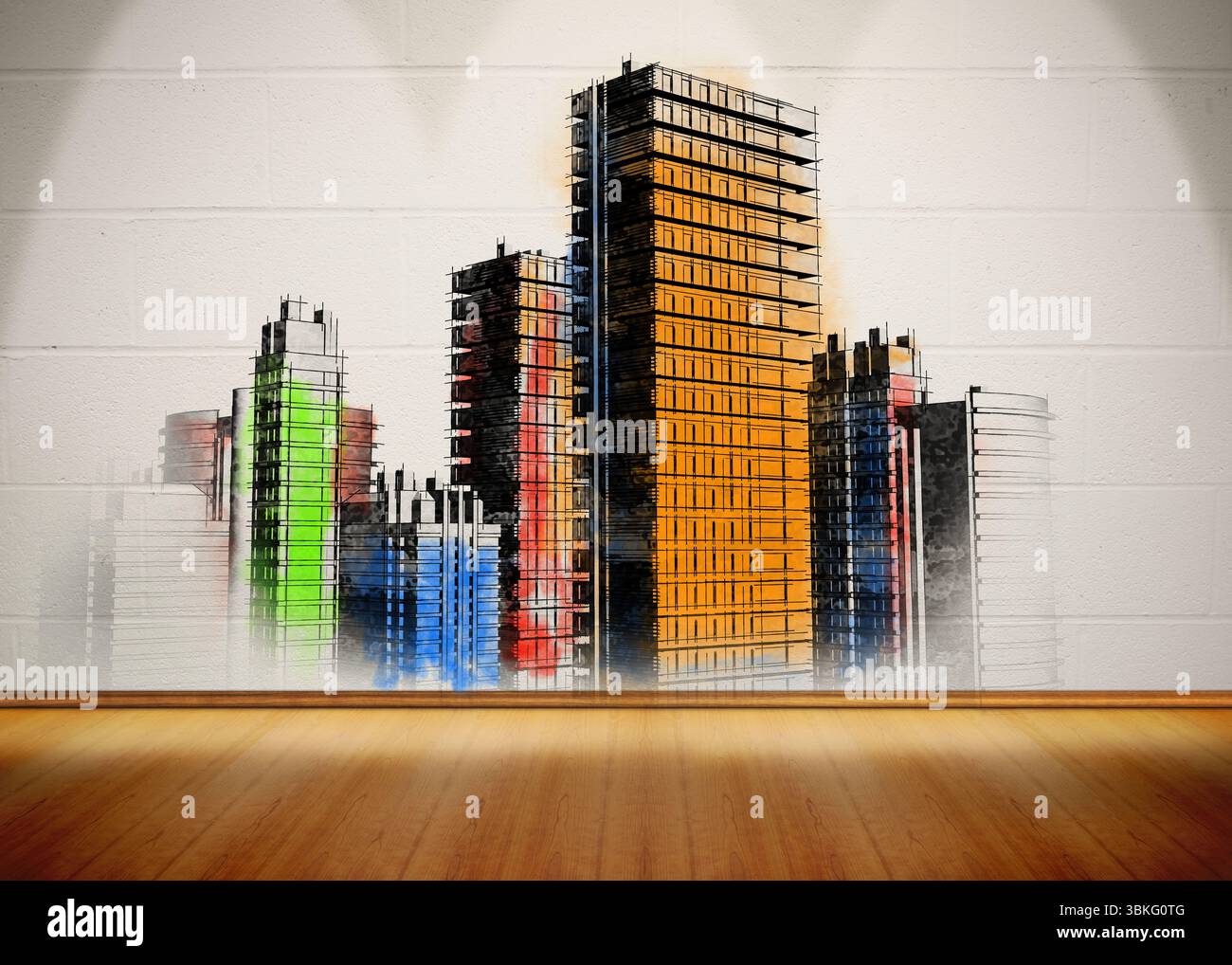 Città dipinta su pareti bianche Foto Stock