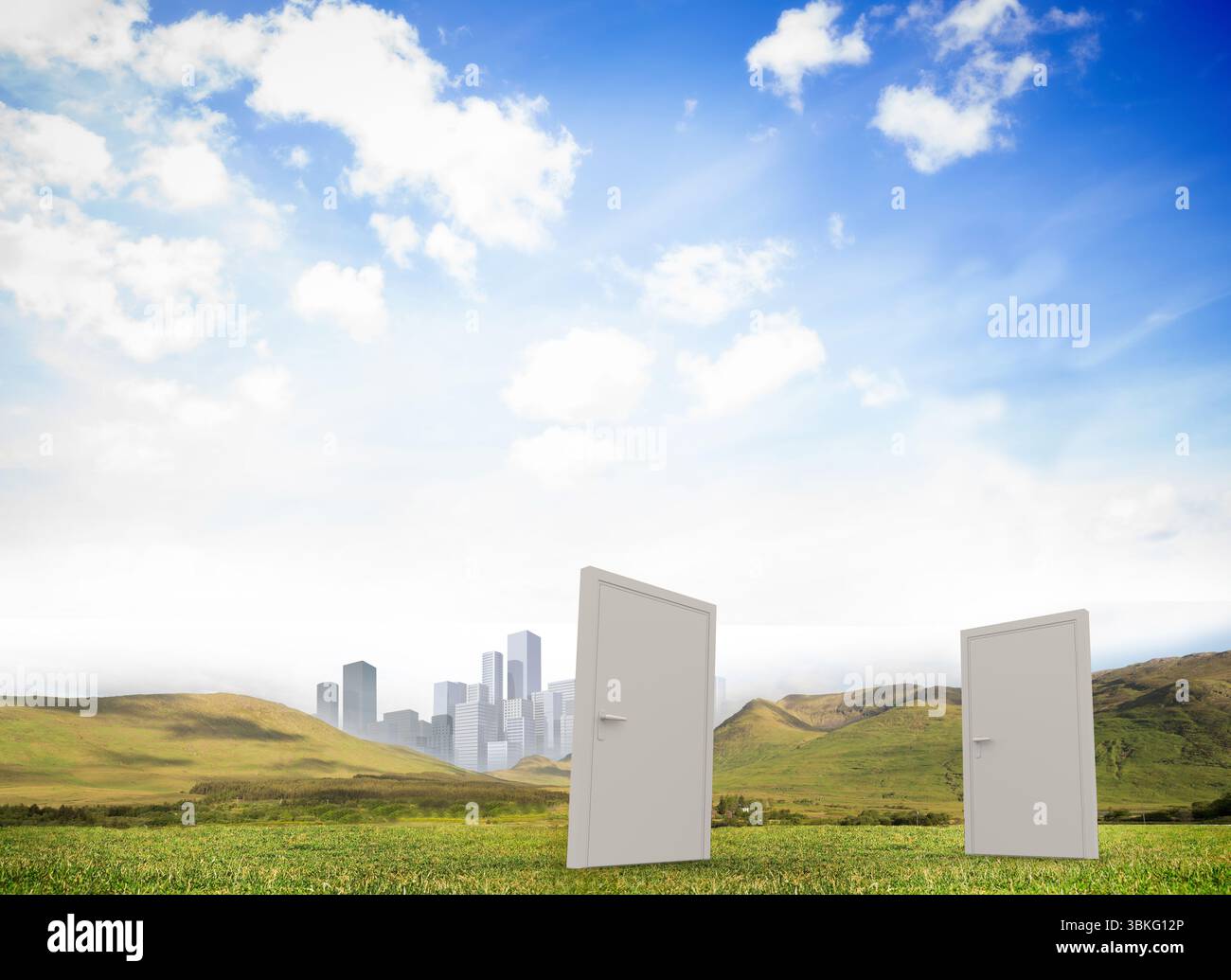 Due porte bianche sono in piedi in un prato verde dal design piatto con colline ondulate e moderno skyline cittadino Foto Stock