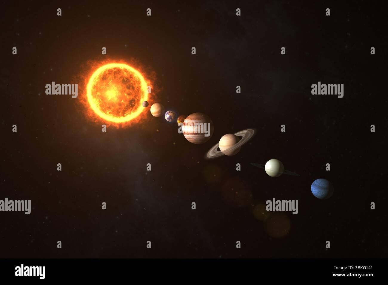 Sistema solare con sole nello spazio Foto Stock