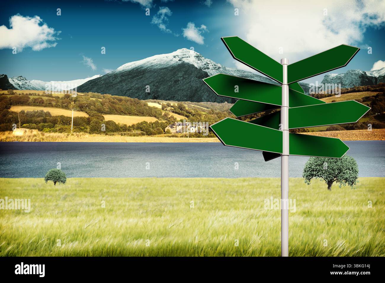 Indicazioni stradali con freccia verde Foto Stock