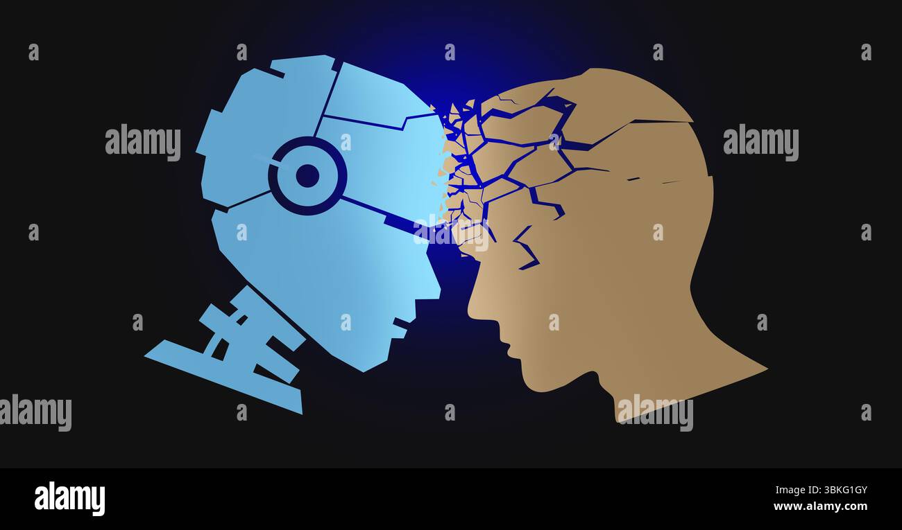 INTELLIGENZA ARTIFICIALE e concetto di declino cognitivo come chatbot e automazione robotica in sostituzione dell'intelligenza umana con conseguente atrofia neurologica e declino del cervello Foto Stock