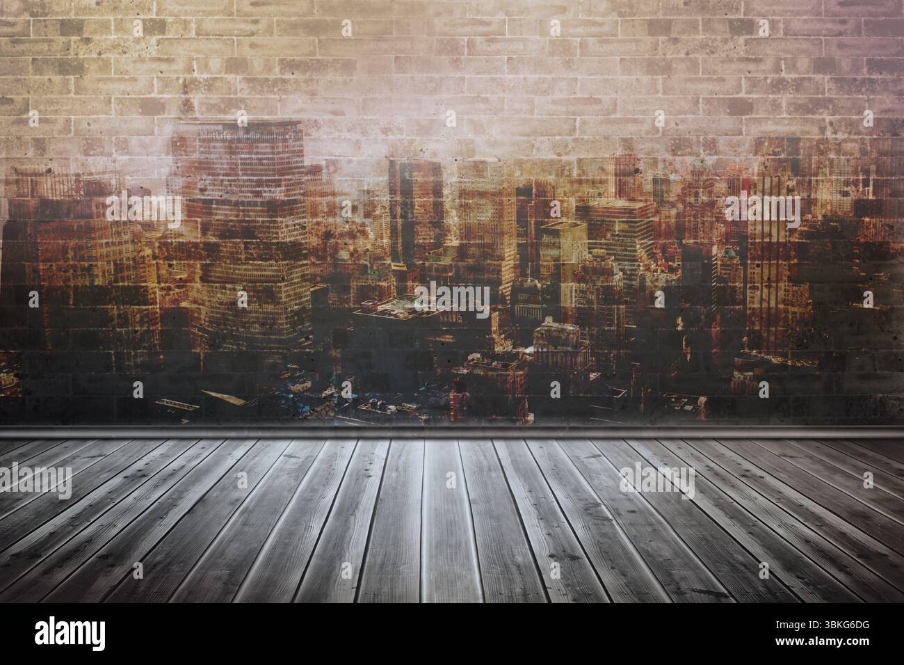 Gli interni del loft dal design piatto mostrano pavimento in legno angosciato e pareti in mattoni a vista con skyline sbiadito Foto Stock