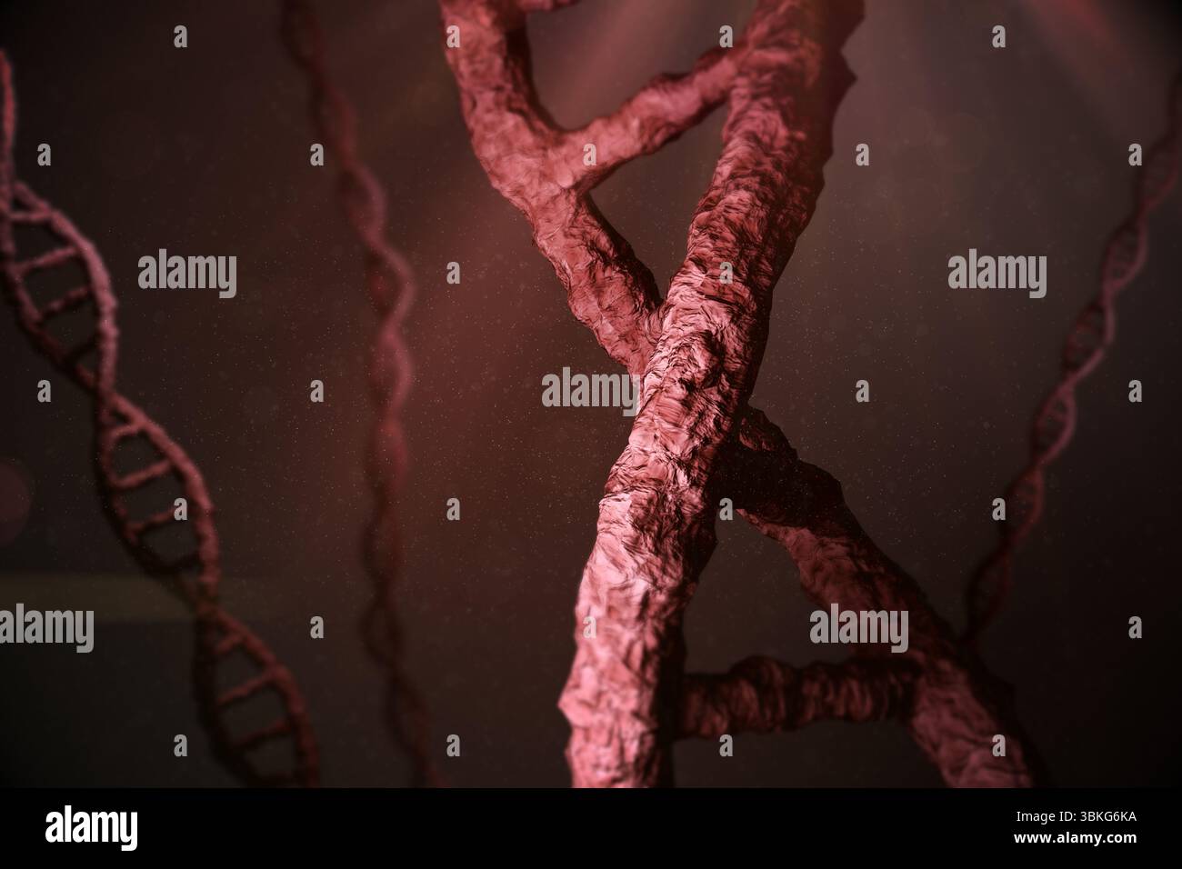 Visualizzazione della torsione dell'elica del DNA ruvida in mezzo a fili sfocati nello spazio molecolare marrone-rossastro Foto Stock