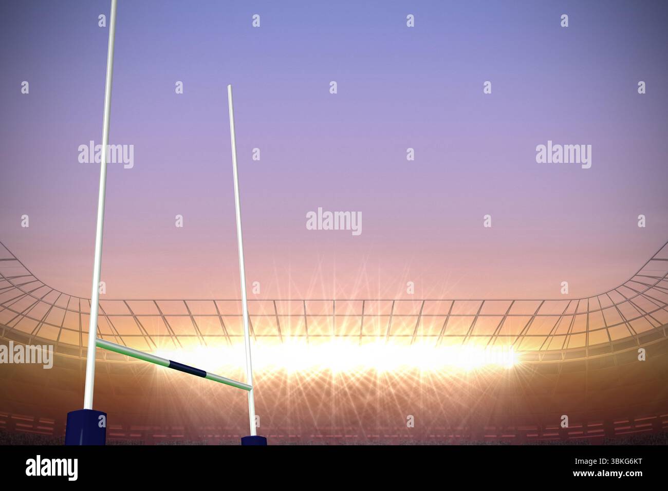 I pali bianchi da rugby vengono mostrati in uno stadio dal design piatto sotto i riflettori al crepuscolo Foto Stock