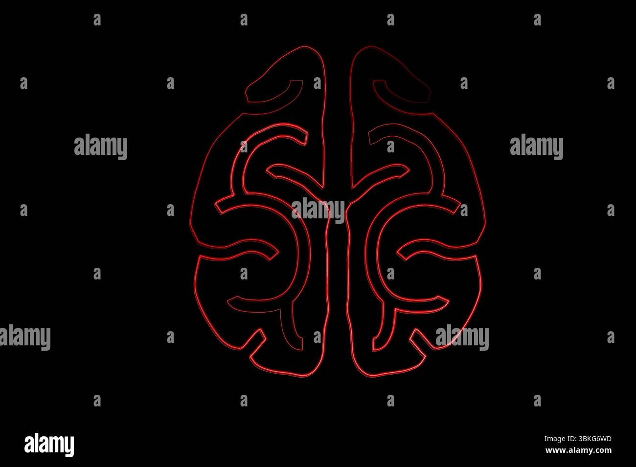 Il contorno rosso del cervello al neon si illumina su una tela nera, mostrando pieghe corticali simili a labirinto e spazio di copia Foto Stock
