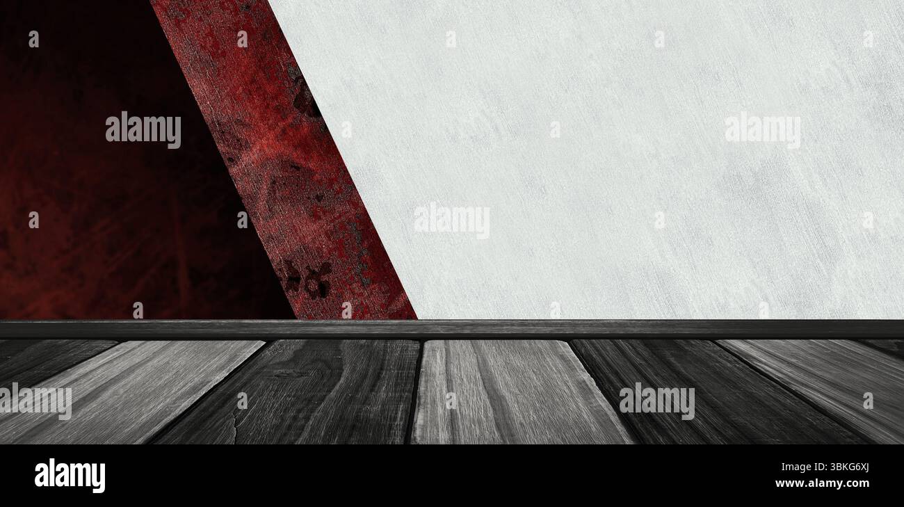 Ripiano in legno su parete rossa e bianca Foto Stock