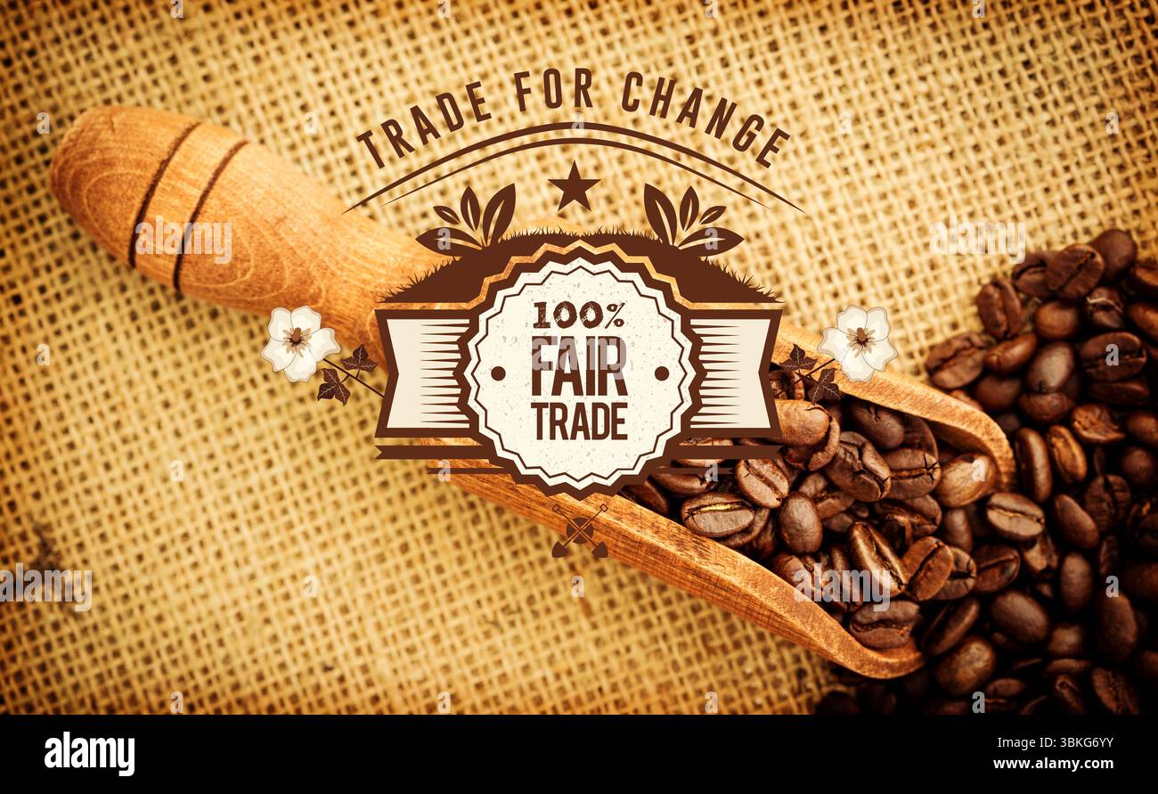La paletta in legno contiene chicchi di caffè e emblema del commercio equo e solidale con un design piatto su tessuto in tela scrolata Foto Stock