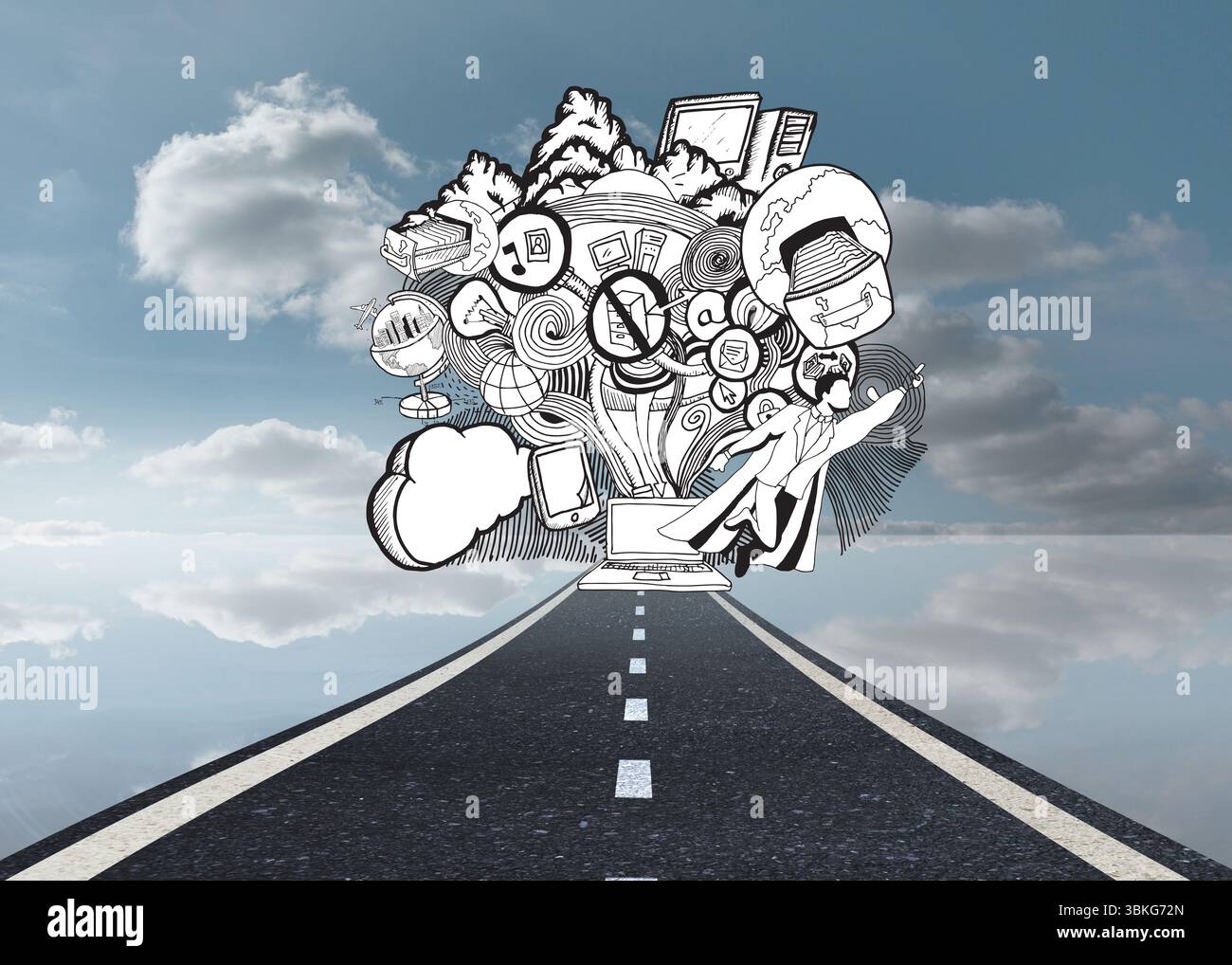 Illustrazione disegnata su sfondo cielo con il trasporto su strada Foto Stock