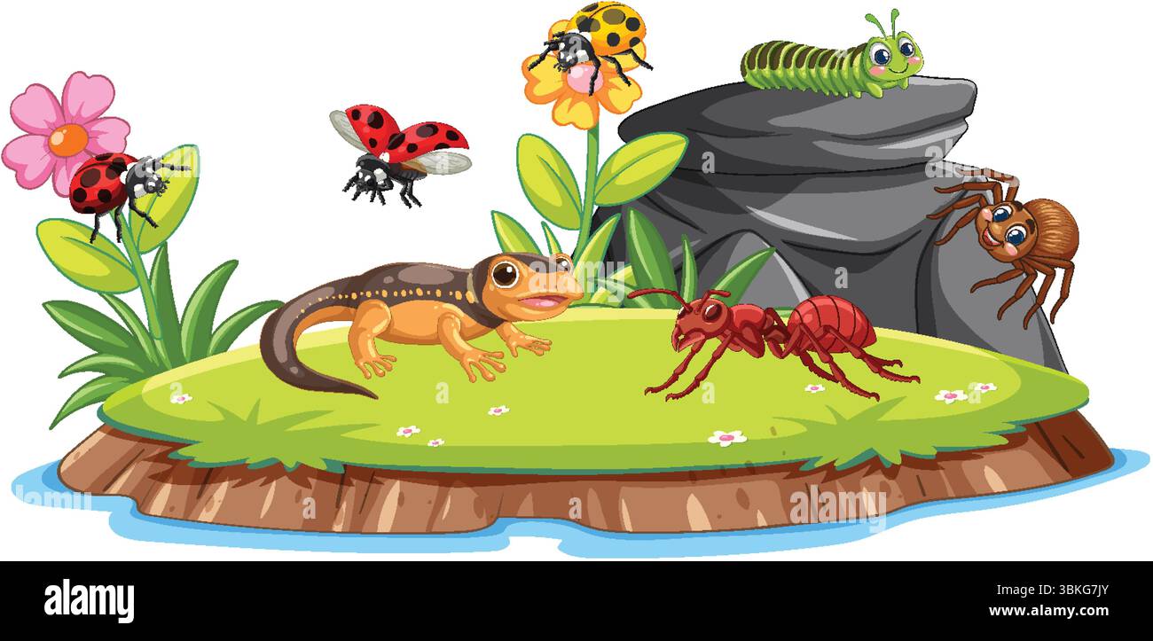 Vivace illustrazione vettoriale di insetti e rettili in un giardino. Colori luminosi e composizione giocosa esaltano l'atmosfera vivace Illustrazione Vettoriale