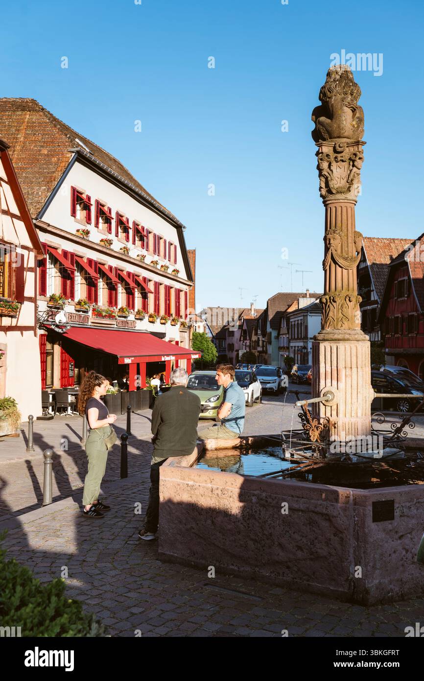 I giovani chiacchierano al sole della sera alla fontana in Piazza della Repubblica di fronte alle case in legno di Ribeauvillé, Alsazia, Francia Foto Stock