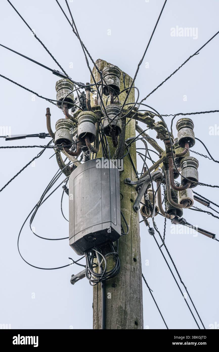 Un palo telegrafico con cavi che vanno alle case popolari che forniscono loro telefono e connessione wifi. Foto Stock