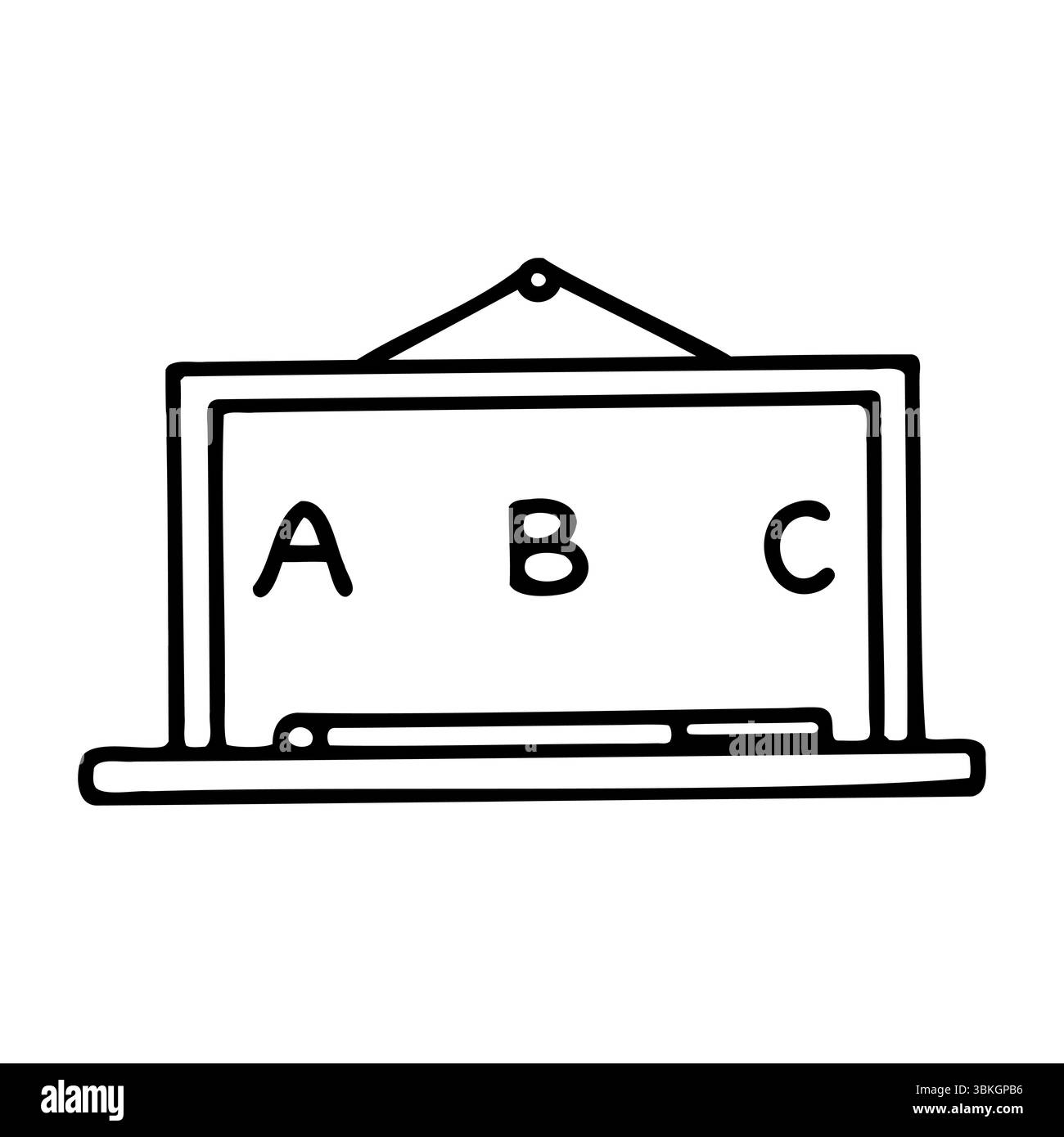 Una semplice lavagna con le lettere A, B e C scritte sopra. La lavagna è incorniciata e appesa a una parete, adatta per ambienti didattici. Illustrazione Vettoriale