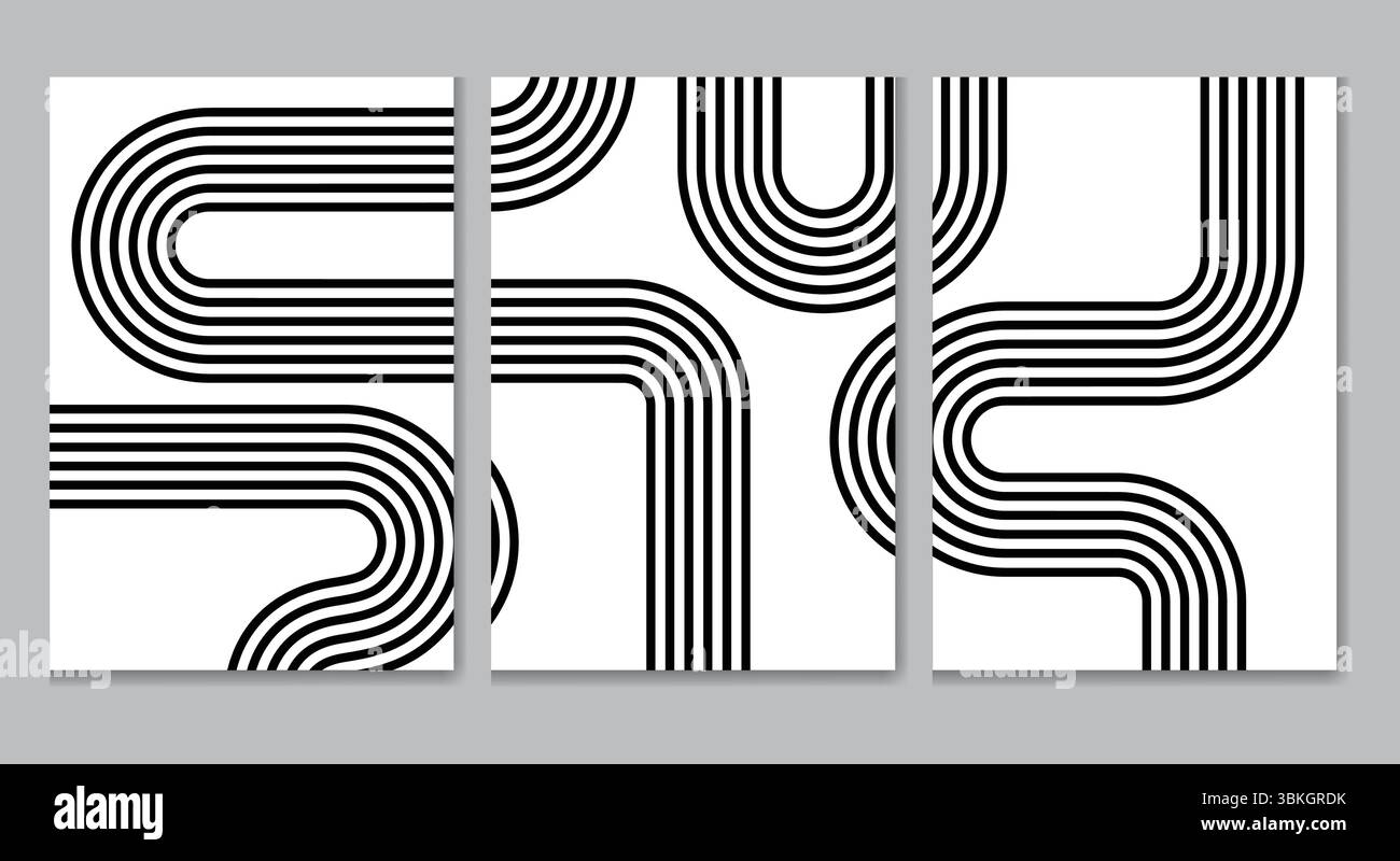 Poster astratti in bianco e nero dal design minimalista con linee curve retrò. Perfetto per l'arredamento moderno, i progetti di design e gli amanti dell'arte ottica. Illustrazione Vettoriale