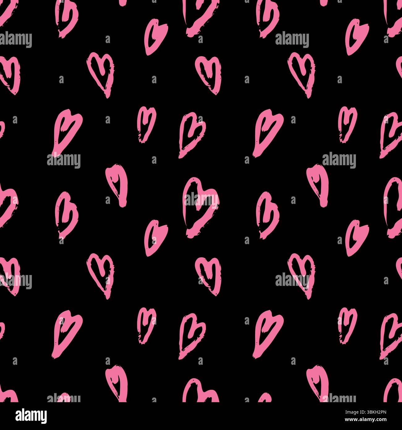 Motivo vettoriale senza cuciture disegnato a mano con cuori a trama rosa su sfondo nero Illustrazione Vettoriale