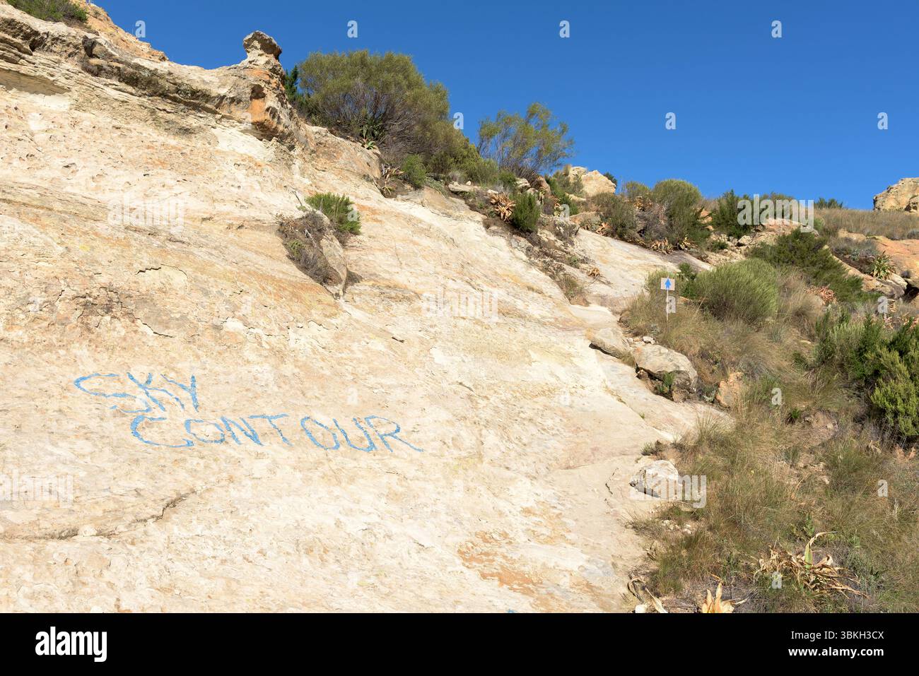 Inizio del percorso escursionistico e MTB Sky Contour. Il sentiero inizia in cima a Titanic Rock, una collina di arenaria fuori Clarens Foto Stock