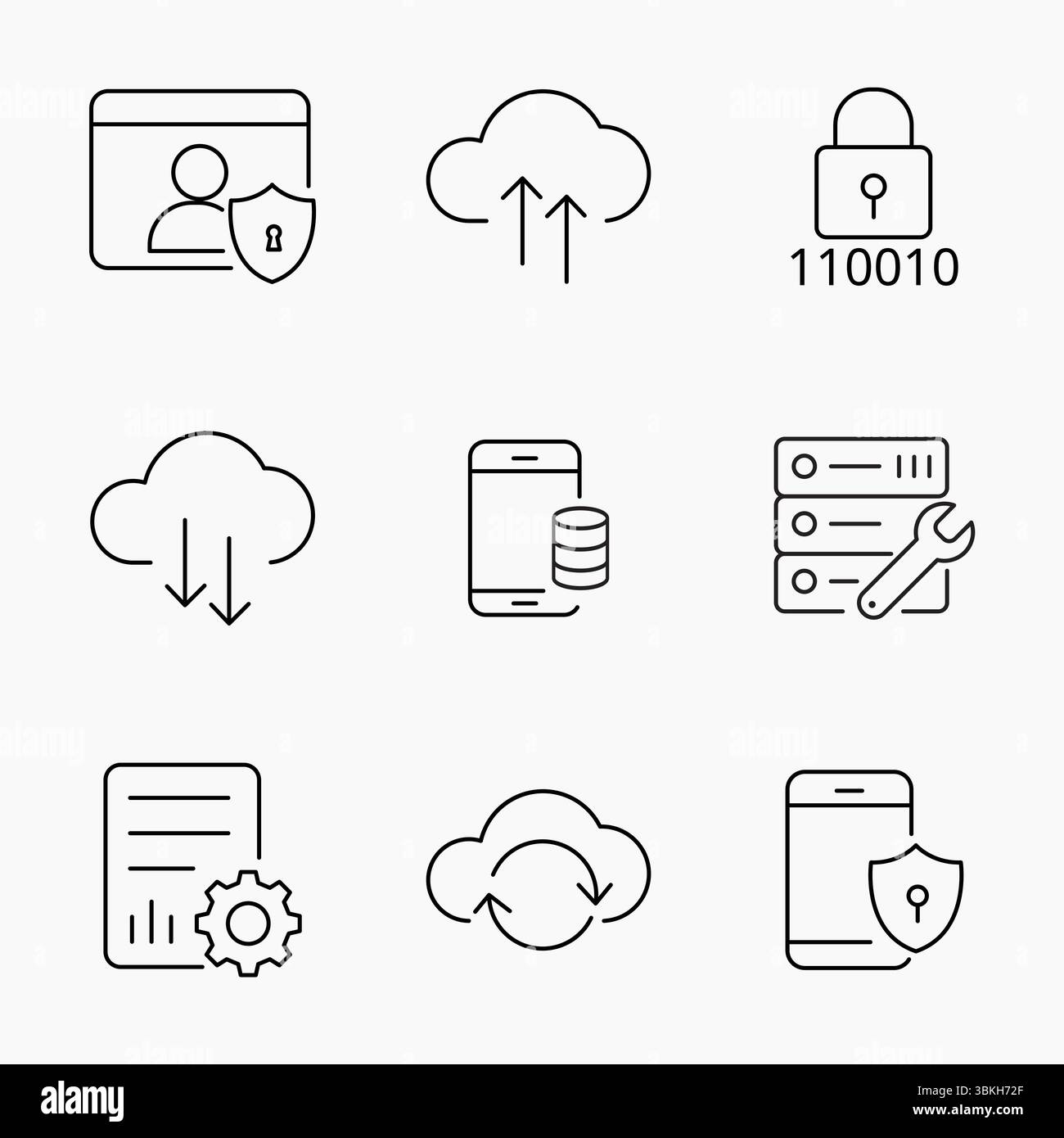 Semplici icone che rappresentano lo storage cloud, la sincronizzazione dei dati, la sicurezza mobile e la manutenzione dei server. Ideale per i servizi cloud IT e la sicurezza digitale Illustrazione Vettoriale Semplici icone che rappresentano lo storage cloud, la sincronizzazione dei dati, la sicurezza mobile e la manutenzione dei server. Ideale per i servizi cloud IT e la sicurezza digitale Illustrazione Vettoriale