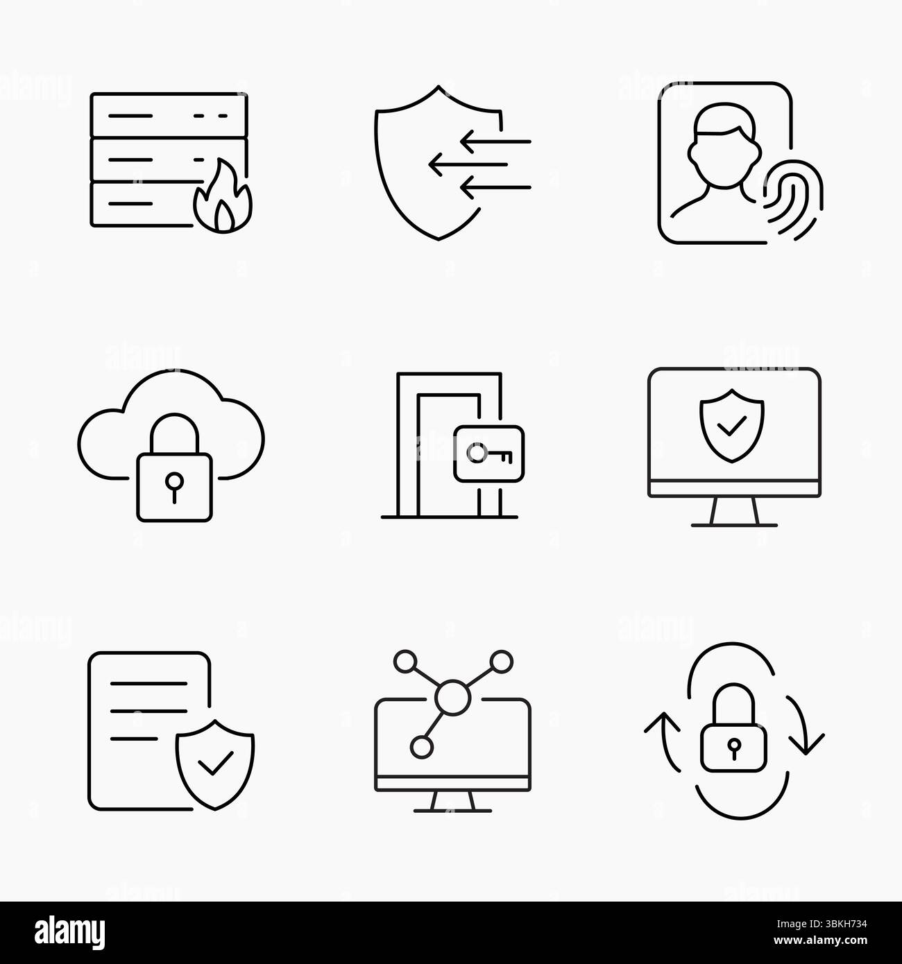 Set di icone delineate che illustrano la sicurezza del cloud, il controllo degli accessi, la verifica delle identità e l'infrastruttura IT, perfetti per la cybersicurezza e la prote digitale Illustrazione Vettoriale
