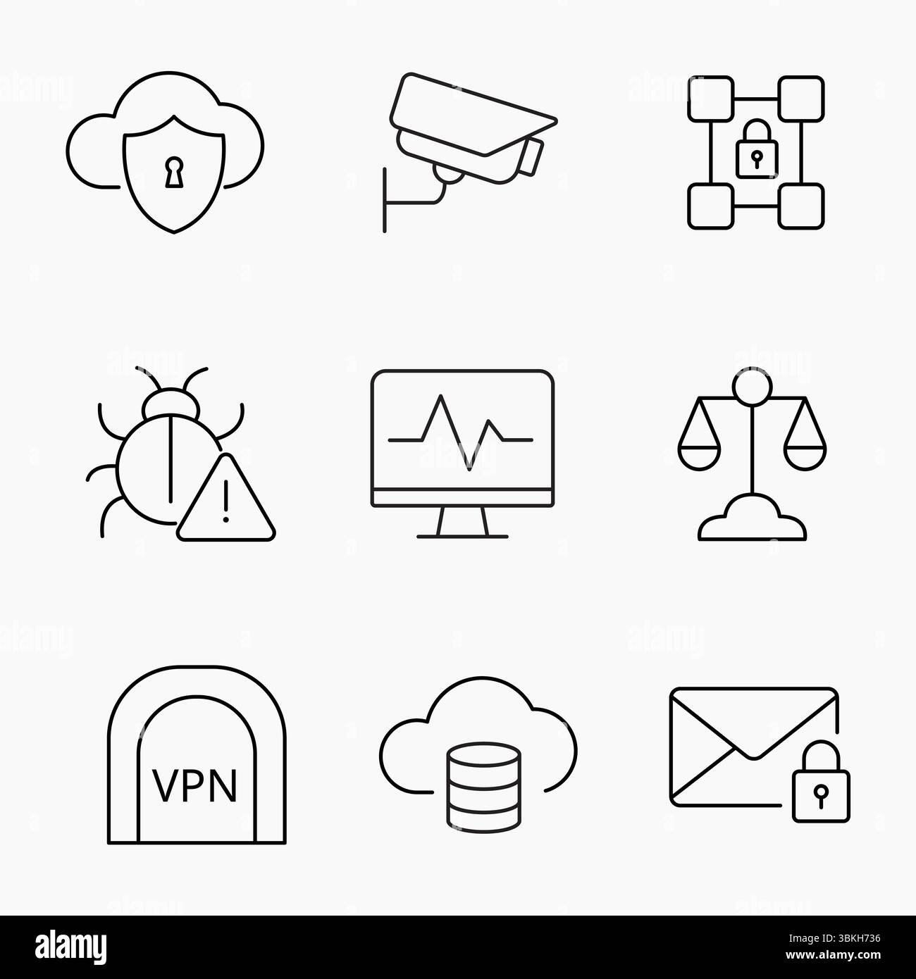 Icone di profilo minime che rappresentano cybersicurezza, servizi cloud, protezione dei dati e infrastruttura tecnologica, illustrazione vettoriale Illustrazione Vettoriale