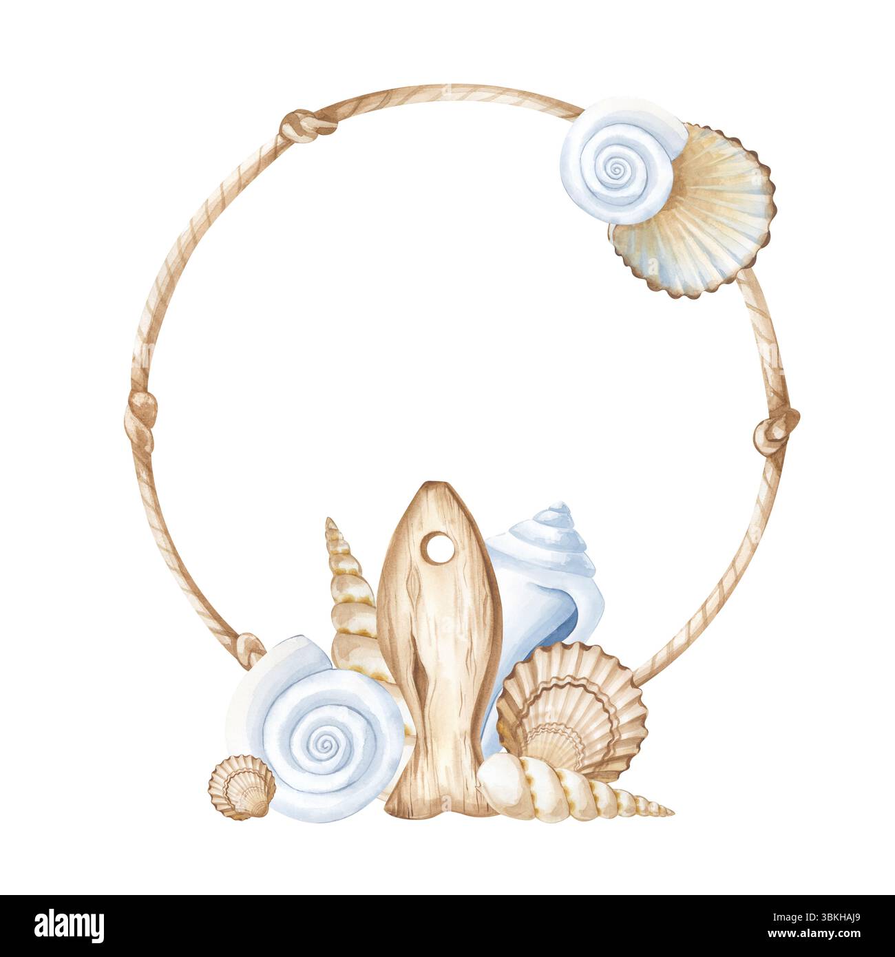 Telaio rotondo ad acquerello realizzato in corda di iuta con nodi e varie decorazioni marine su sfondo bianco. Un modello con conchiglie e un pesce di legno Foto Stock
