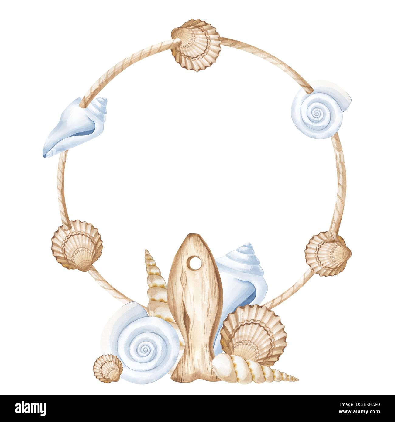 Una struttura rotonda in corda di iuta con conchiglie diverse e una composizione di conchiglie e una figura di pesce di legno stilizzata. Illustrazione acquerello su a. Foto Stock