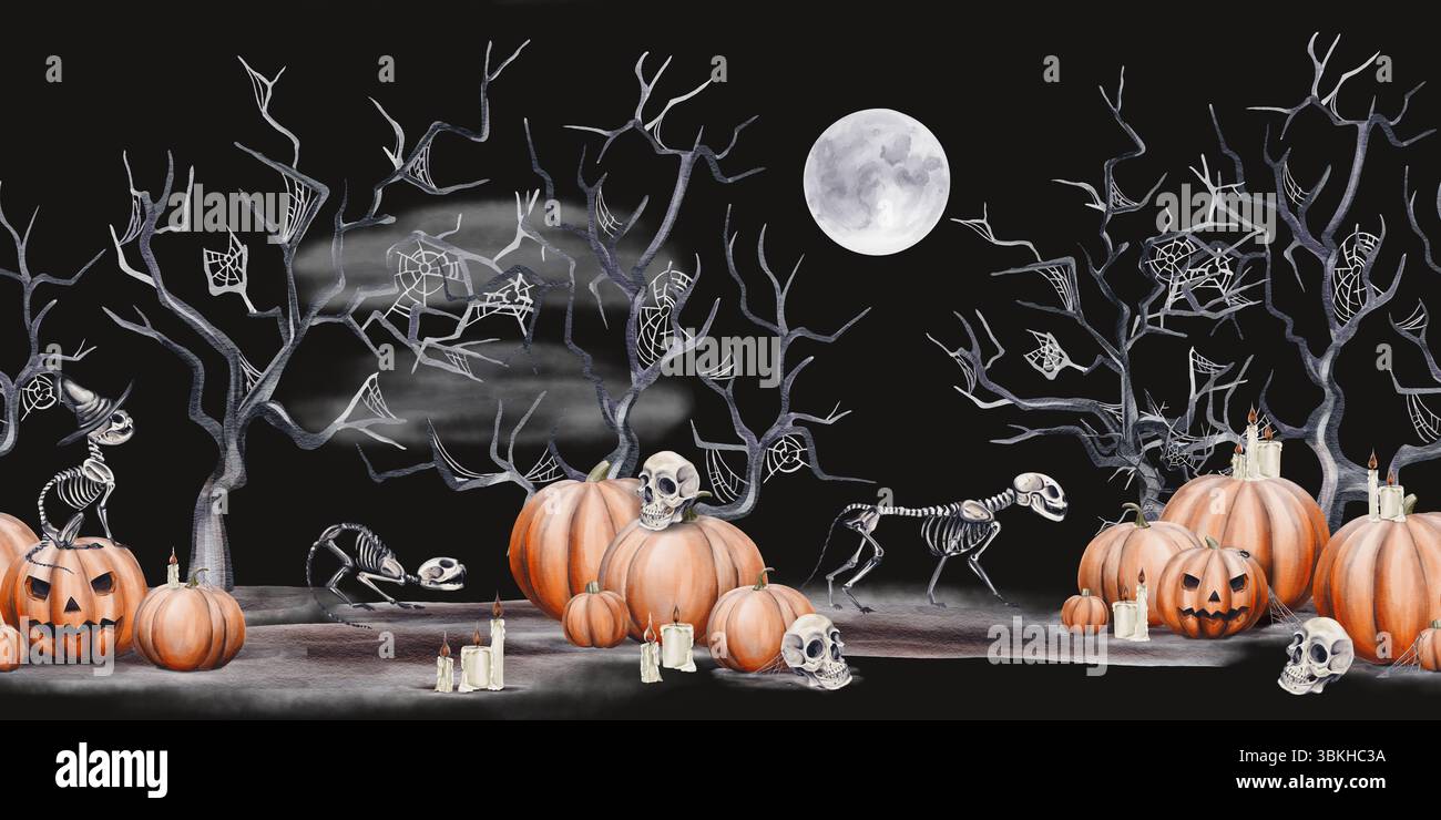 Bordo perfetto con scheletri di gatto e foresta spaventosa. Arredamento di Halloween. Zucche e teschi. Le candele stanno bruciando. Luna piena. Scene scure. Acquerello Foto Stock