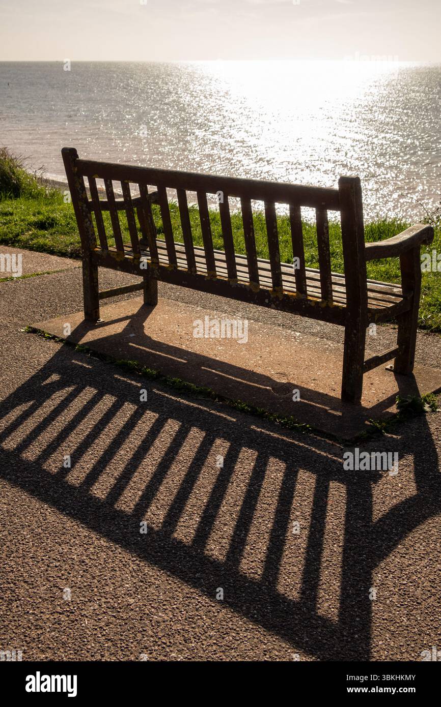 Posto a sedere con vista sulla spiaggia e sul mare a Budleigh Salterton, East Devon, Inghilterra, Regno Unito Foto Stock