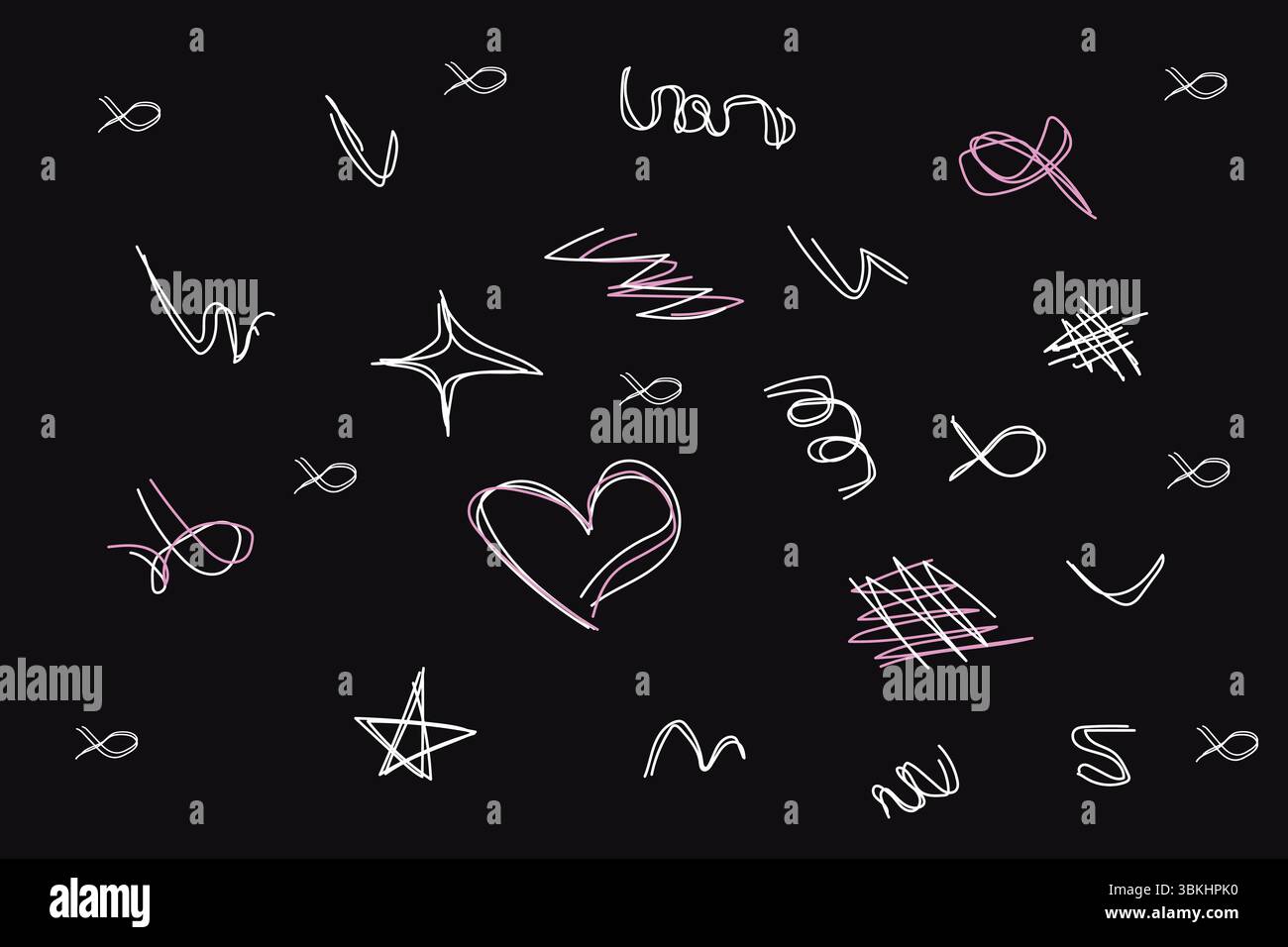 Scarabocchi disegnati a mano in stile neon, tra cui stelle, cuori e scoiattoli casuali su sfondo nero, con un'atmosfera divertente e creativa. Illustrazione vettoriale Illustrazione Vettoriale