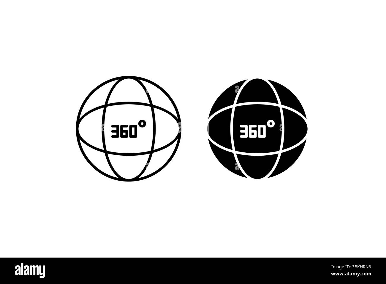Set di icone angolo 360 gradi. Un'icona nera con un angolo di 360 gradi, che rappresenta la vista completa. Illustrazione Vettoriale