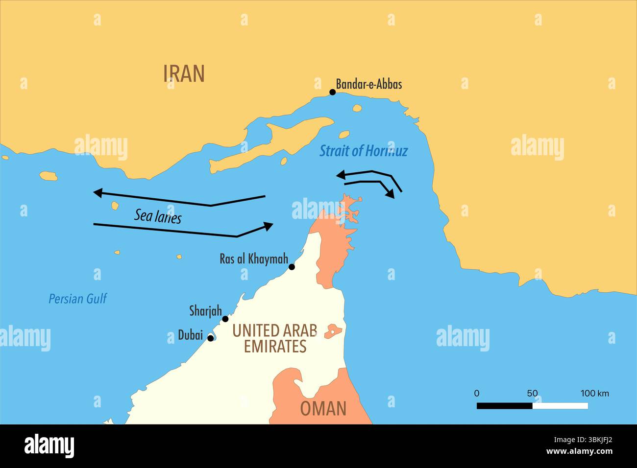 Mappa dello stretto di Hormuz con corsie marine, territori circostanti e rotte di spedizione Foto Stock