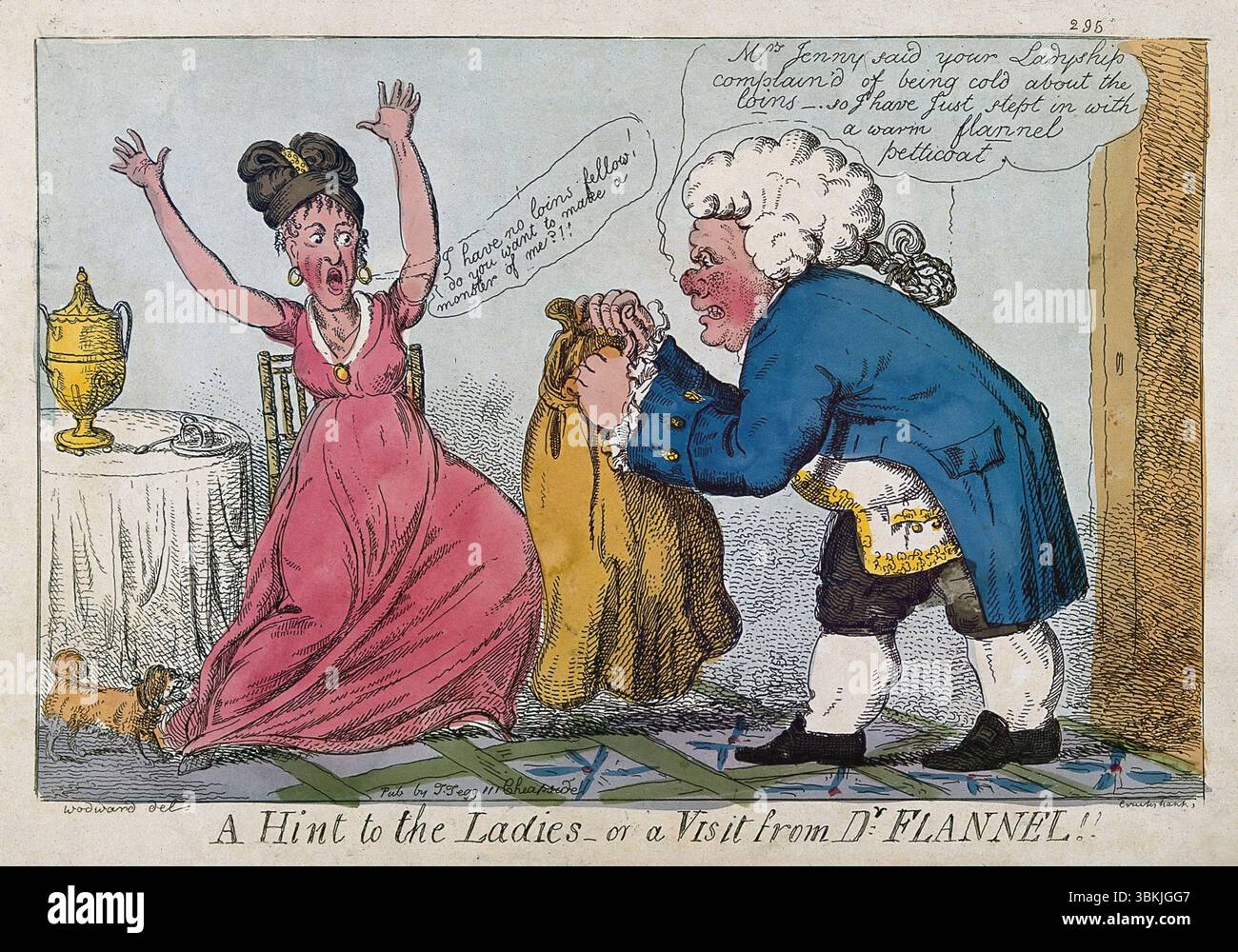 Una stampa umoristica di cartoni animati incisione colorata del dottor Flannel suggerisce a una donna alla moda di indossare una pettinata di flanella per mantenere calde le gambe, acquerello su carta caricature umane umorismo dell'epoca georgiana del XIX secolo creato da George Moutard Woodward 1807 antiche opere d'arte satirica a stampa d'epoca Foto Stock