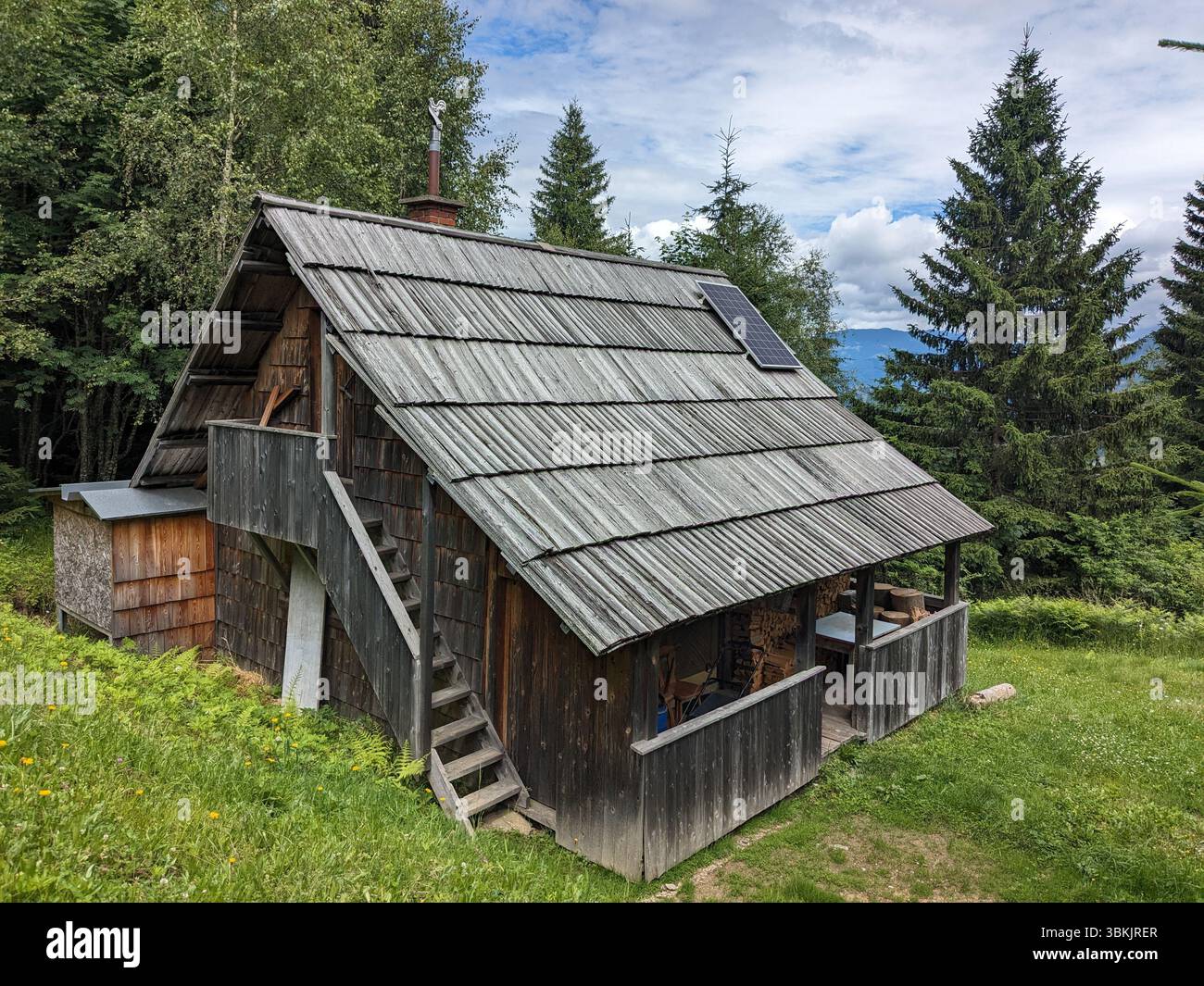 Valle del Logar in Slovenia con montagne panoramiche, rifugi locali in legno e tradizionali fattorie alpine. Foto Stock