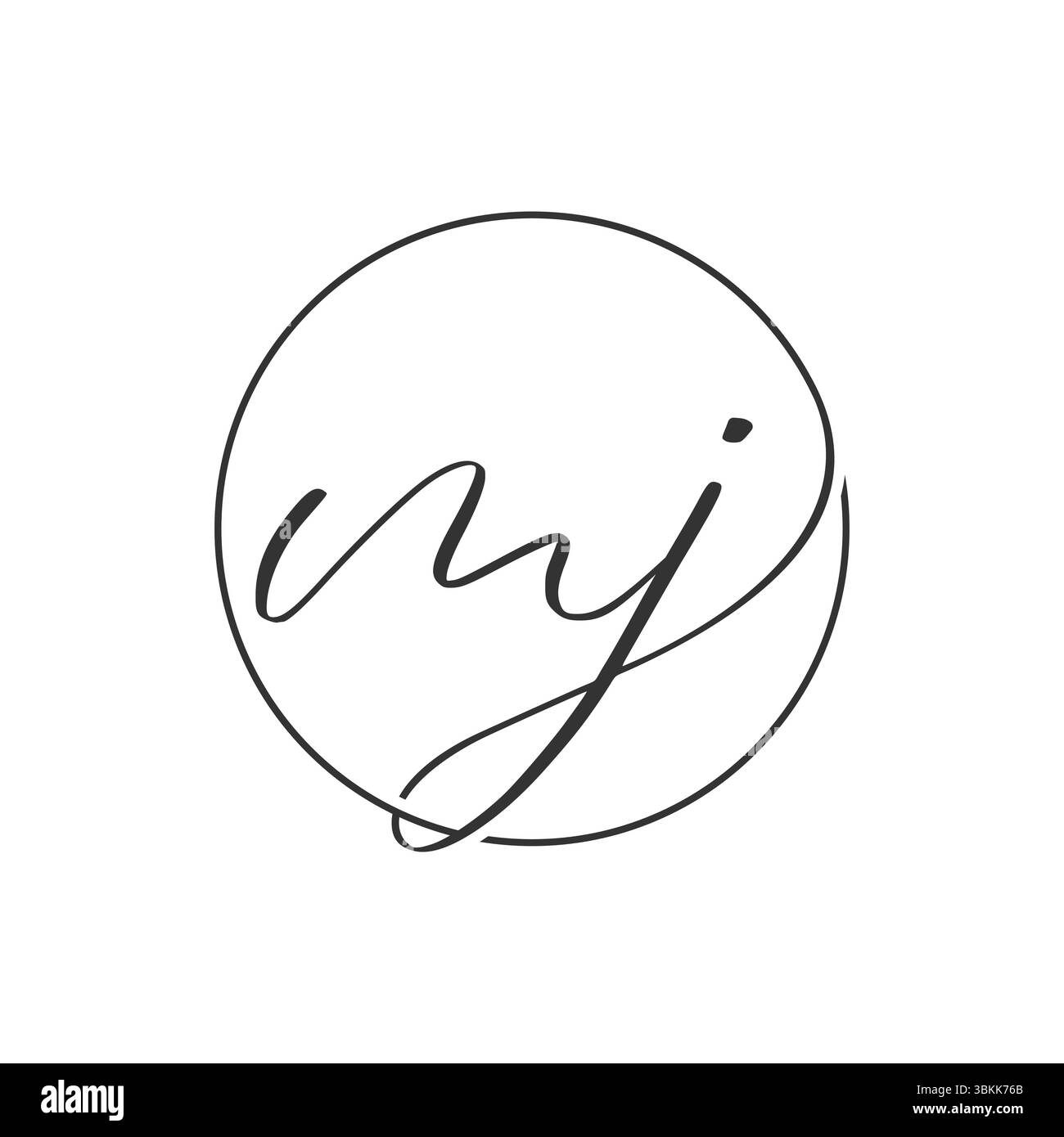 Elegante logo iniziale MJ scritto a mano all'interno di una cornice circolare. Illustrazione Vettoriale