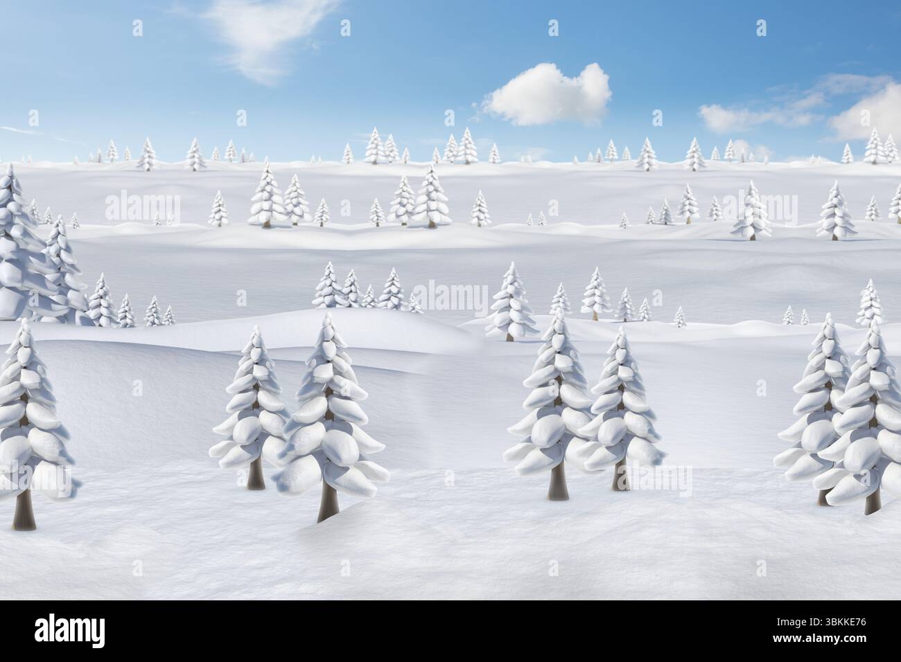 Il paesaggio invernale dal design piatto raffigura sempreverdi innevati su colline ondulate con nuvole Foto Stock