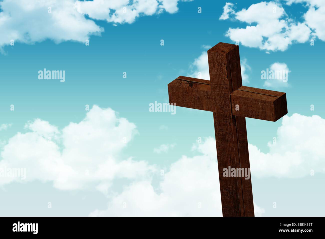 La croce di legno è in piedi in un'illustrazione vettoriale piatta con cielo blu sfumato e nuvole bianche Foto Stock