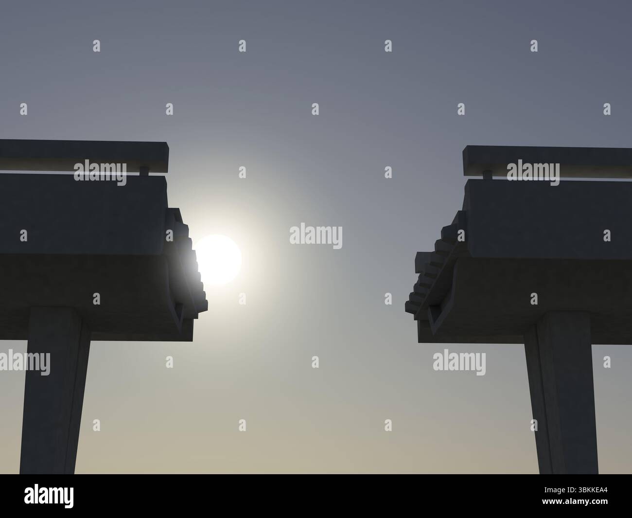 Design piatto con segmenti di ponte in cemento non finiti rivolti verso lo spazio sui montanti sotto il cielo dell'alba Foto Stock