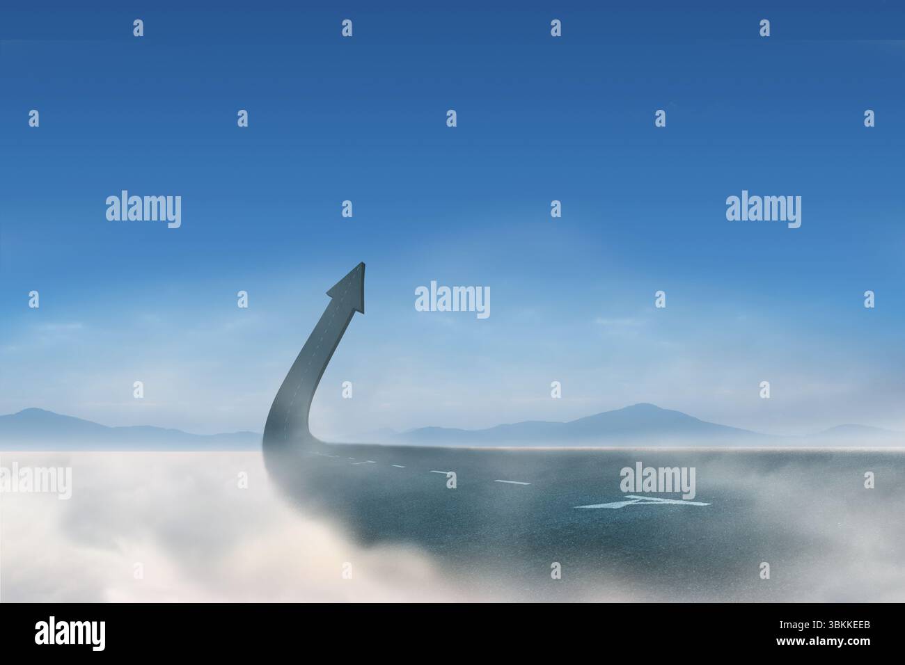 Segmento stradale che si innalza dalla nebbia con segni e si piega in freccia sulle montagne in un design piatto Foto Stock