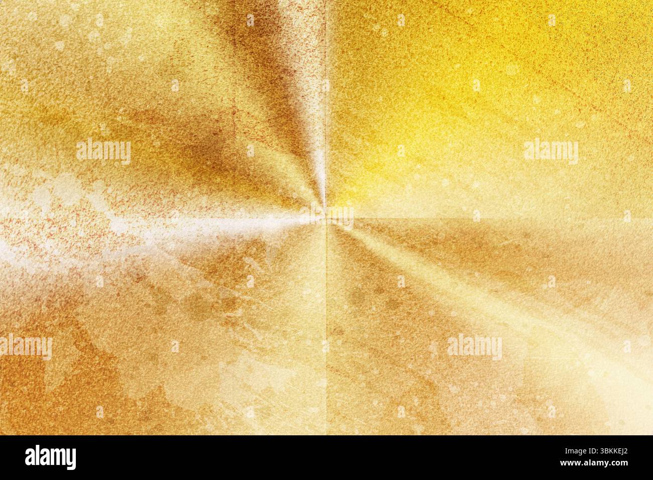 Il motivo radiale metallizzato astratto si irradia con un design piatto e una texture dorata a chiazze Foto Stock