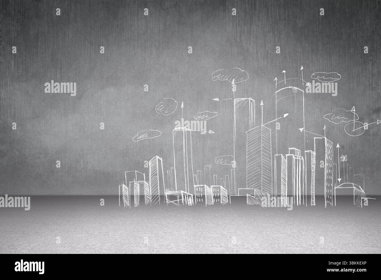 Lo schizzo della linea bianca mostra gli edifici della città su una parete grigia con frecce, gli scarabocchi copiano lo spazio Foto Stock