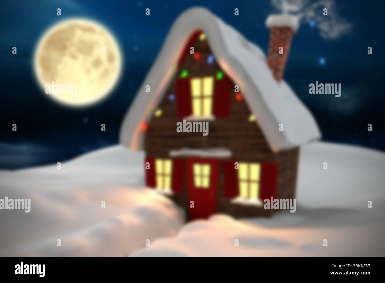 La cabina in legno di stile piatto è seduta tra ciaspole con persiane rosse, luci a corda, fumo e luna Foto Stock