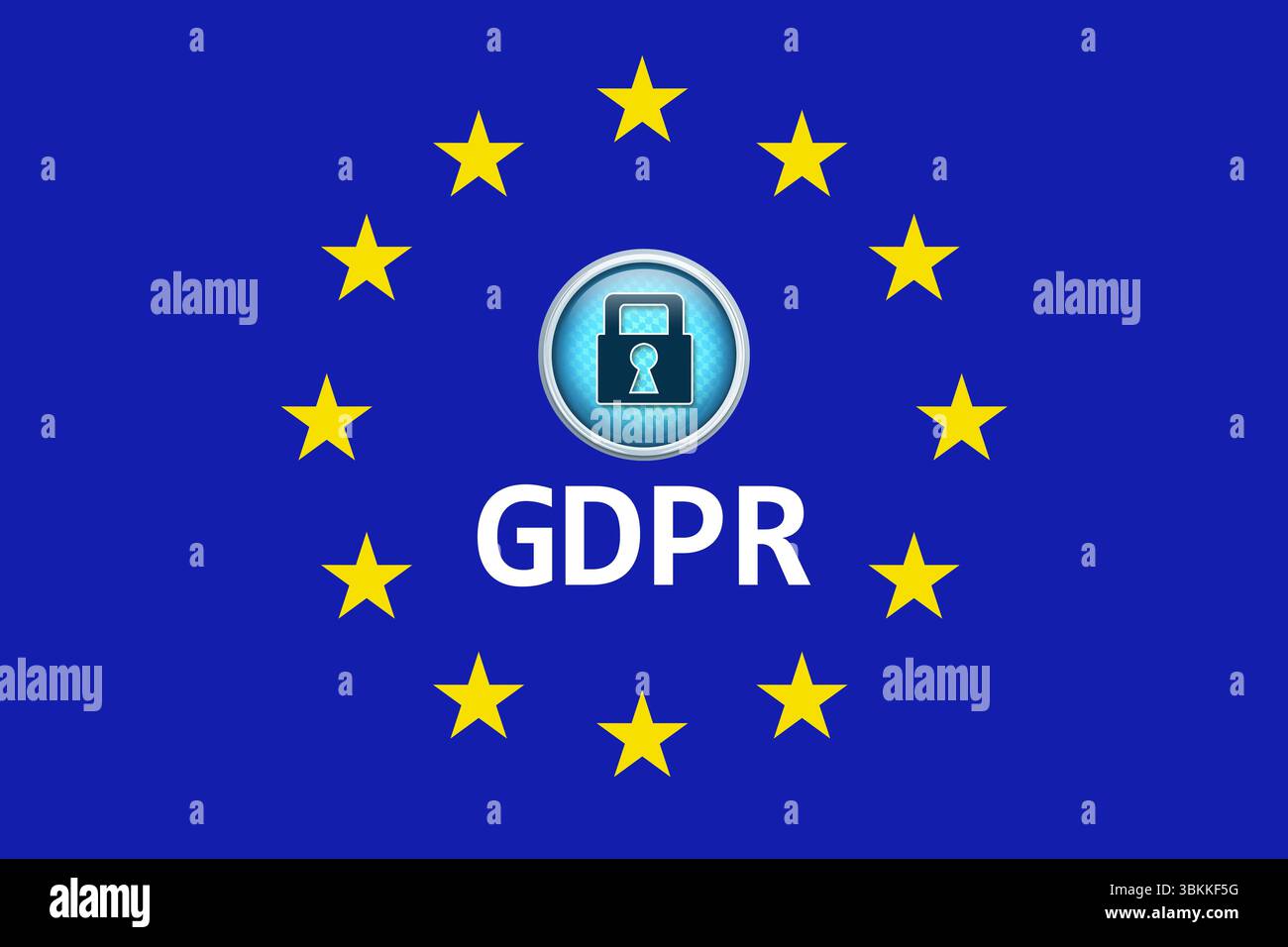 Il pulsante GDPR con design piatto lucido viene visualizzato nel cerchio della bandiera UE composto da dodici stelle gialle Foto Stock