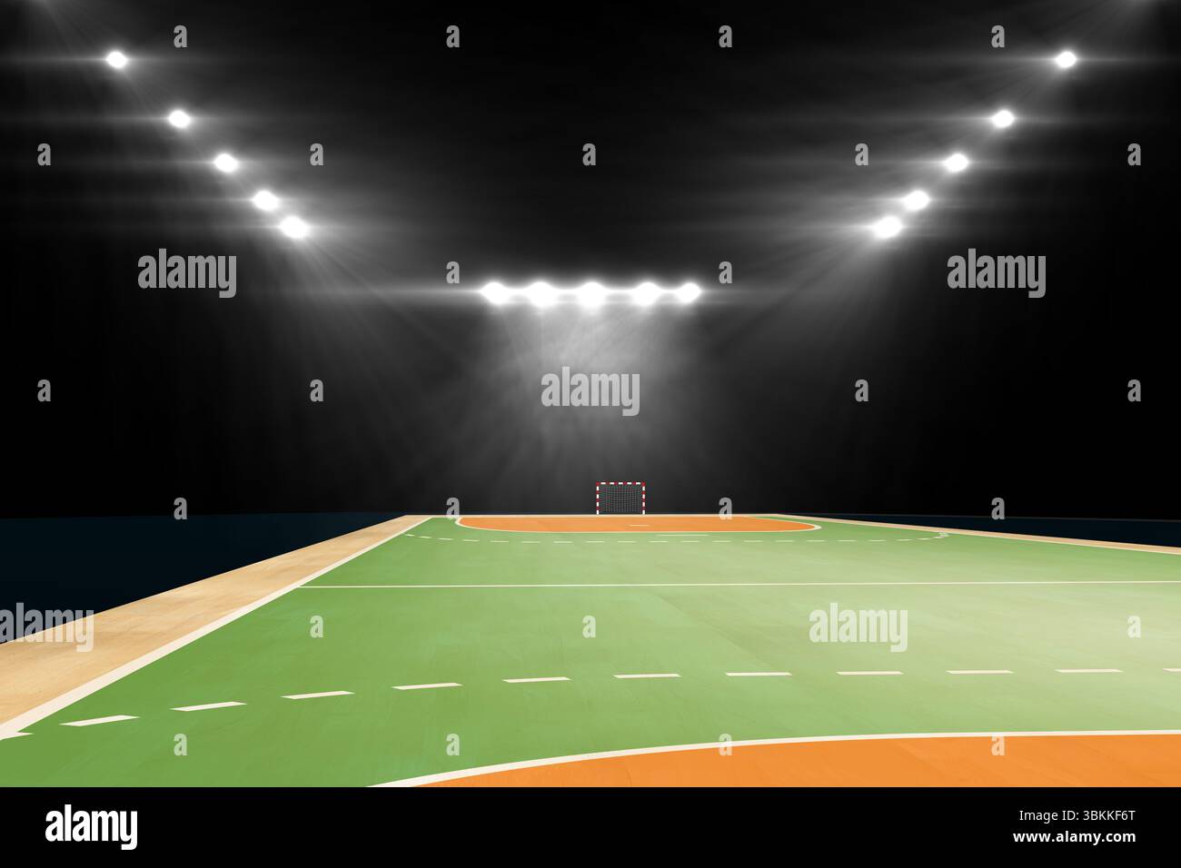 Il campo sportivo vuoto è illuminato sotto i riflettori in un design piatto con superficie verde e zone arancioni Foto Stock