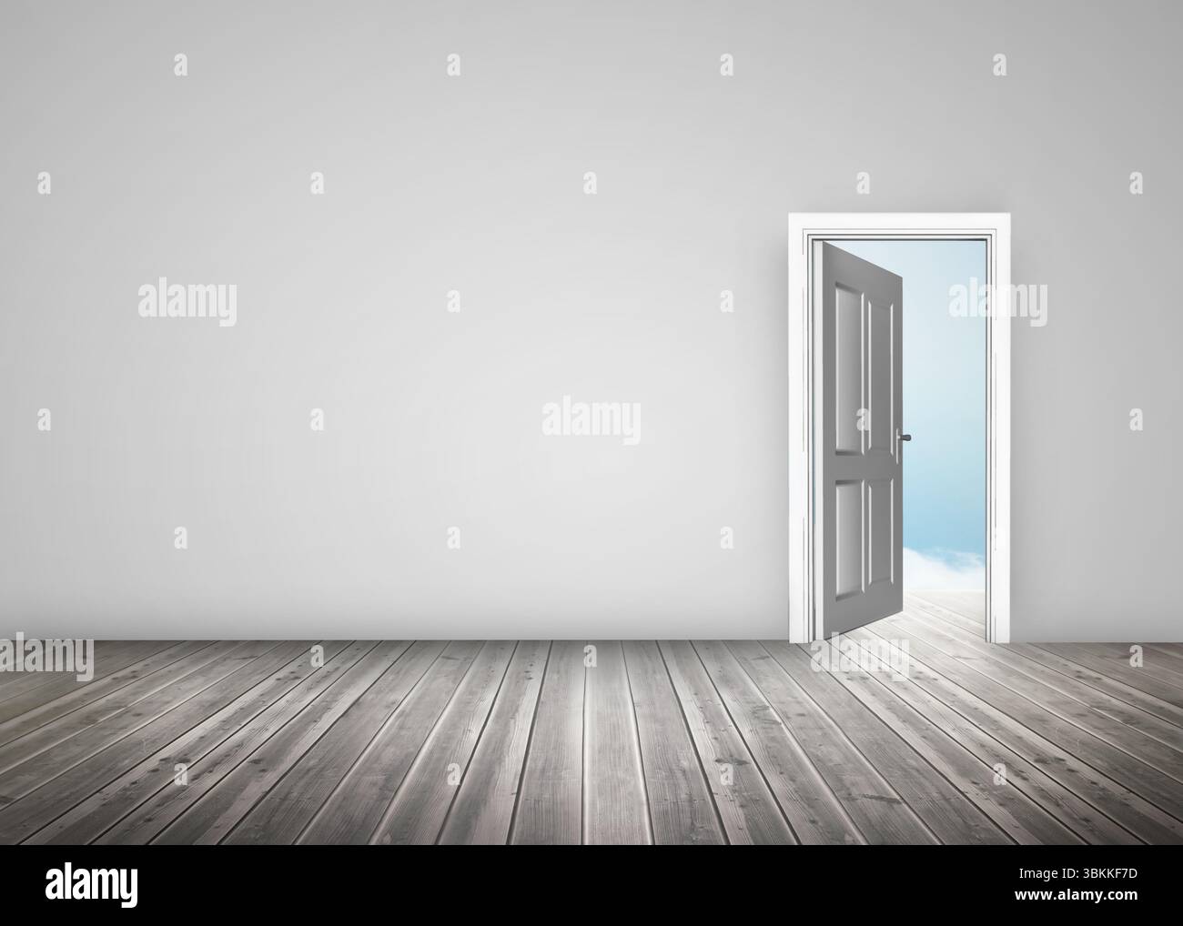 Porta aperta generata digitalmente su parete bianca Foto Stock