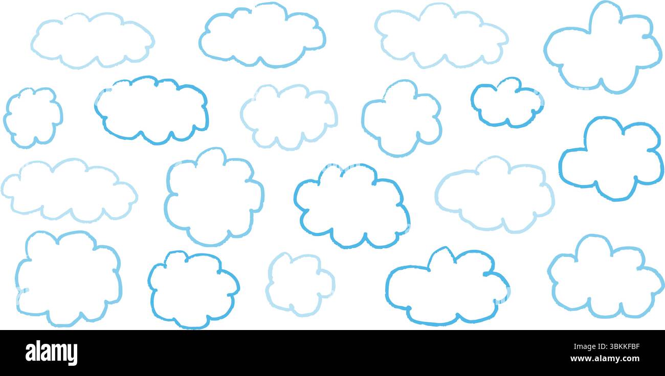 Sfondo cielo disegnato a mano con nuvole di texture pastello e stelle pastello. Graziosa illustrazione a matita in blu con elementi di pittura a pennello. Scarabocchio per bambini Illustrazione Vettoriale