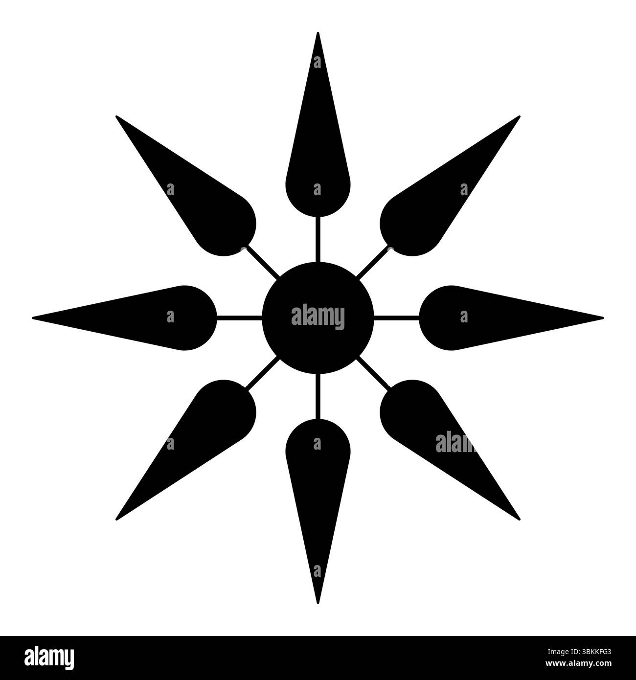 Stella a otto punte, modello di cerchio di ritaglio. Otto forme geometriche, simili a foglie, punte di freccia o gocce, disposte intorno a un cerchio. Foto Stock