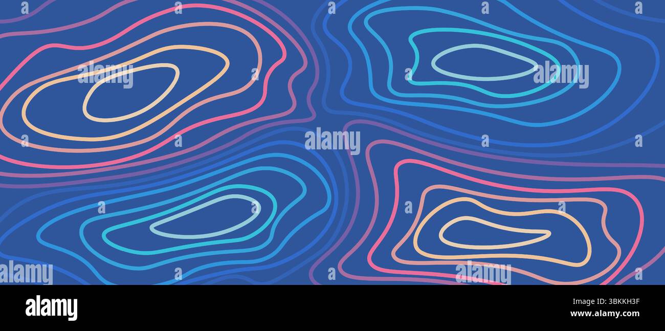illustrazione vettoriale delle linee di contorno topografiche astratte vibranti e moderne con linee colorate su sfondo blu scuro Illustrazione Vettoriale