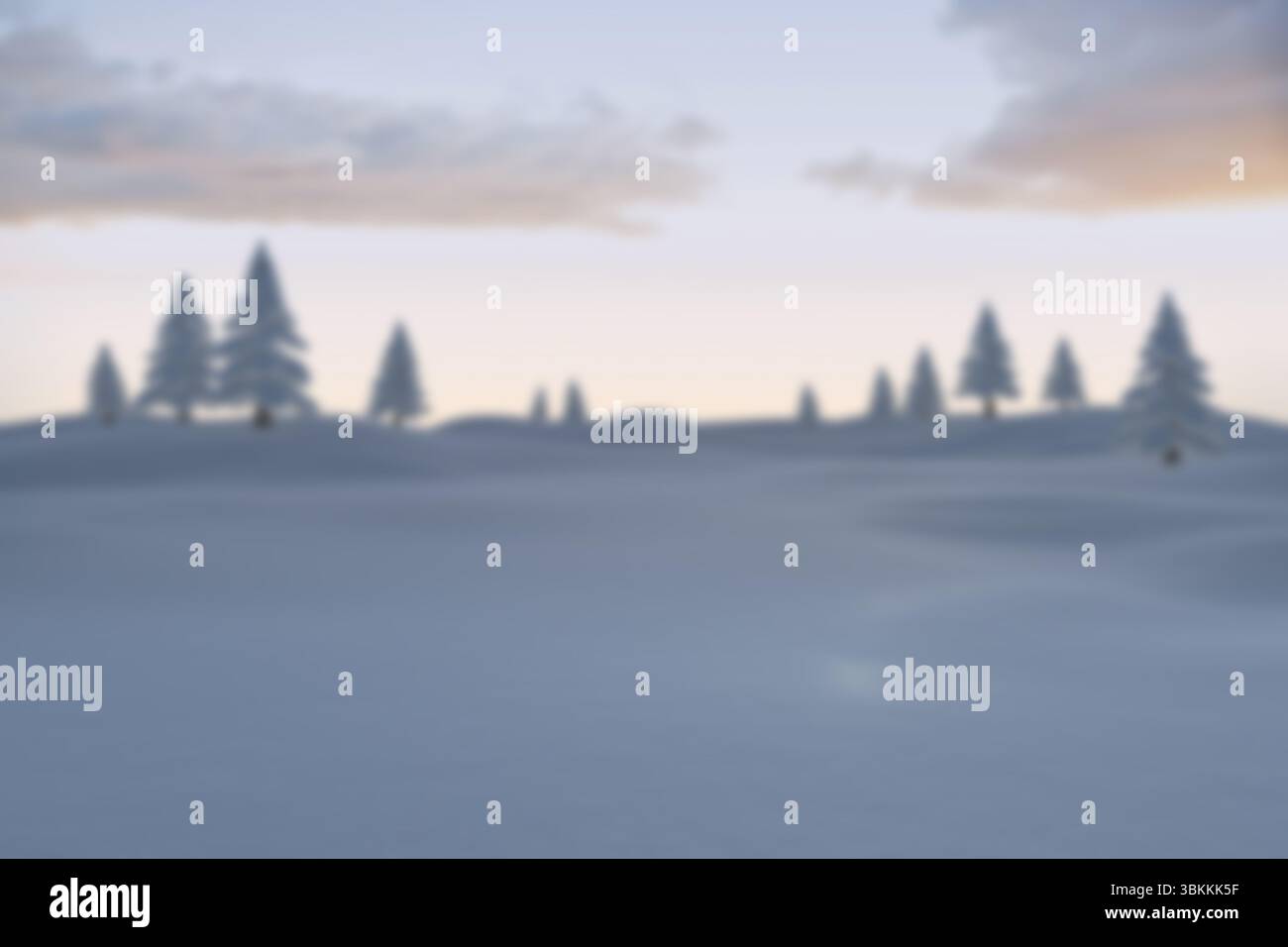 Il design piatto mostra colline coperte di neve che si muovono sotto il cielo pastello con alberi sempreverdi spolverati Foto Stock