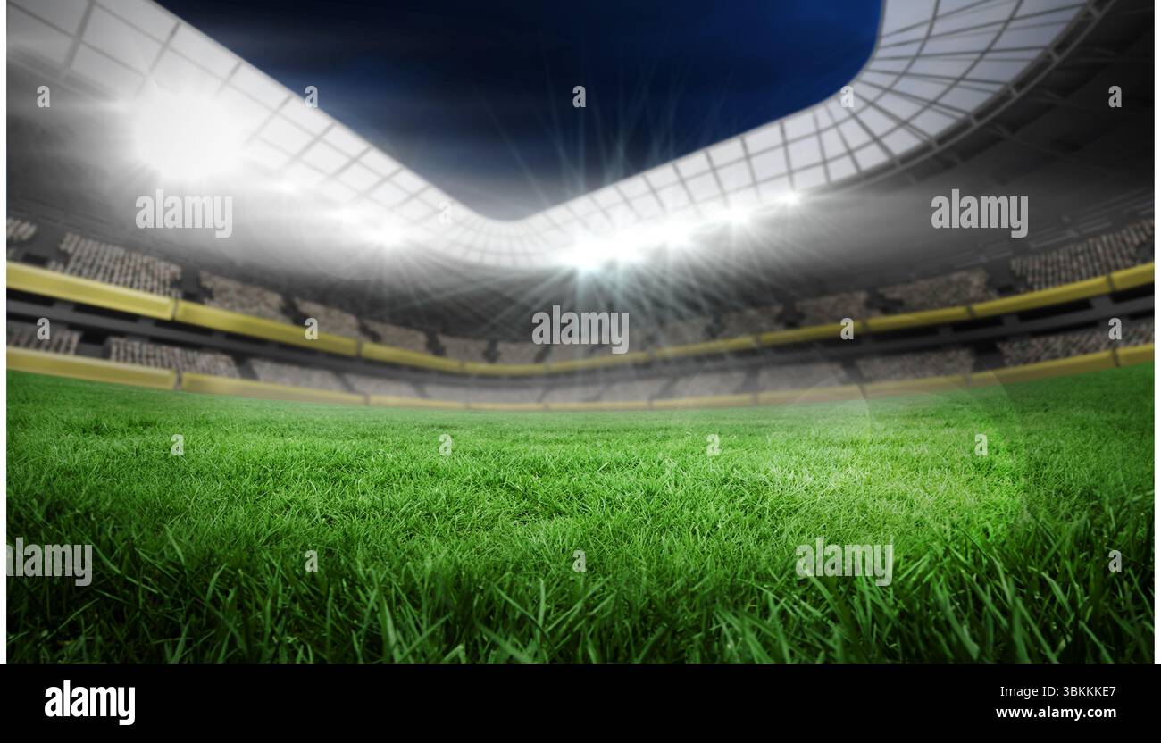 Il green Field è illuminato sotto i riflettori all'interno di uno stadio dal design piatto con stand vuoti di notte Foto Stock
