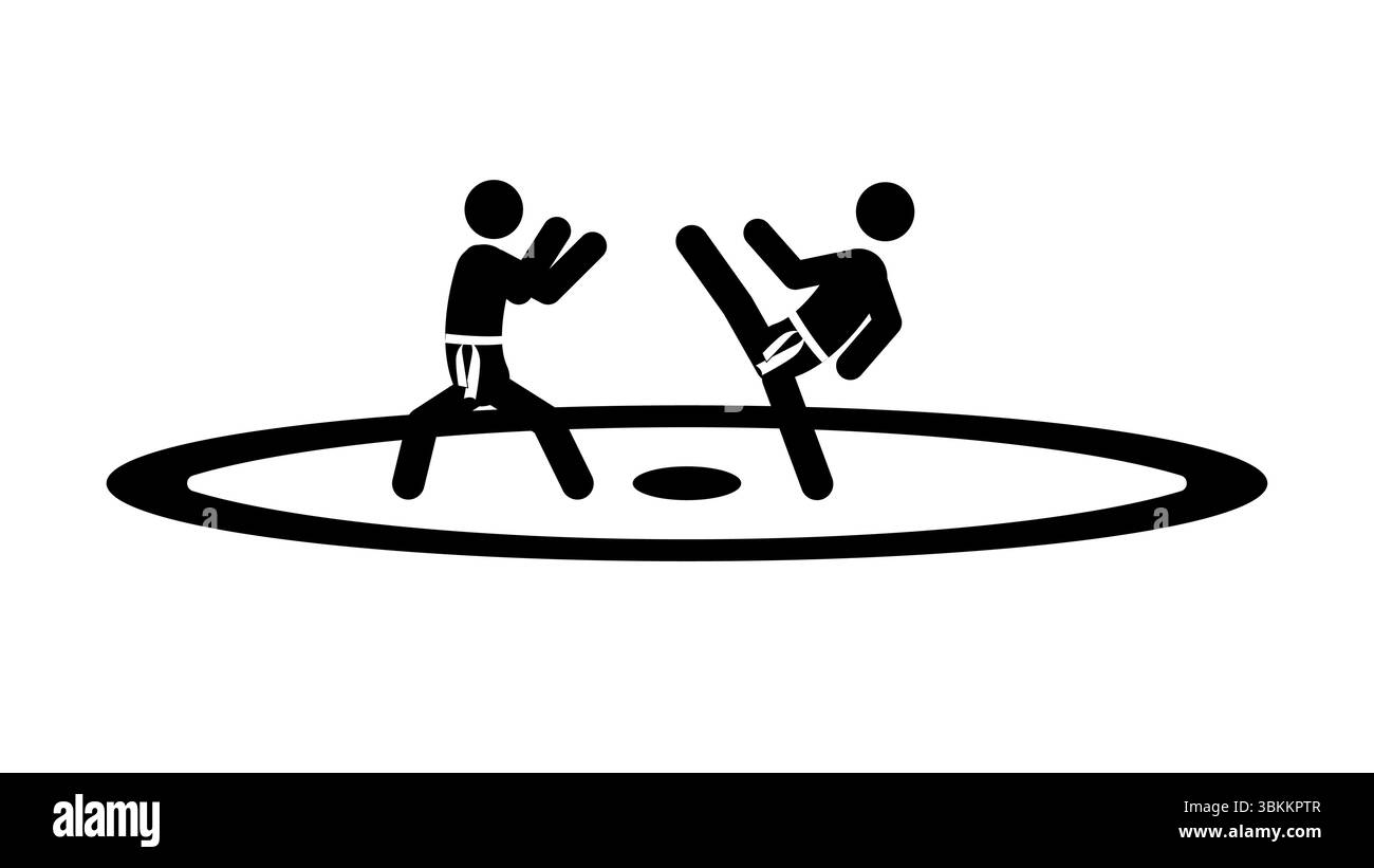 Set di personaggi a levetta, arte marziale karate, silhouette nere su sfondo bianco, illustrazione vettoriale piatta. Illustrazione Vettoriale