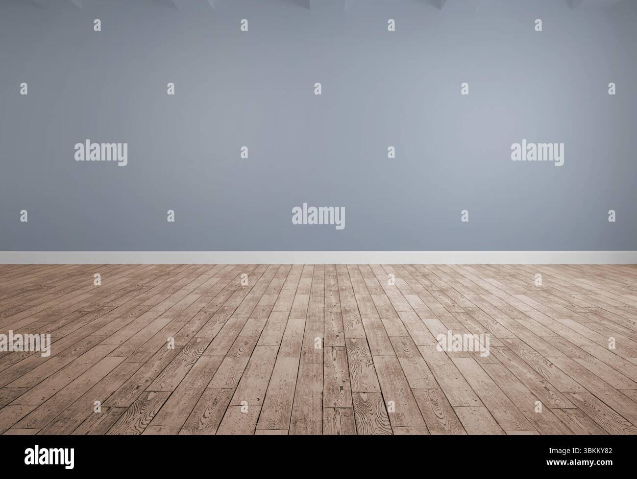 Illustrazione dal design piatto che mostra la stanza vuota con parete grigio-blu, travi a soffitto e pavimento in legno Foto Stock